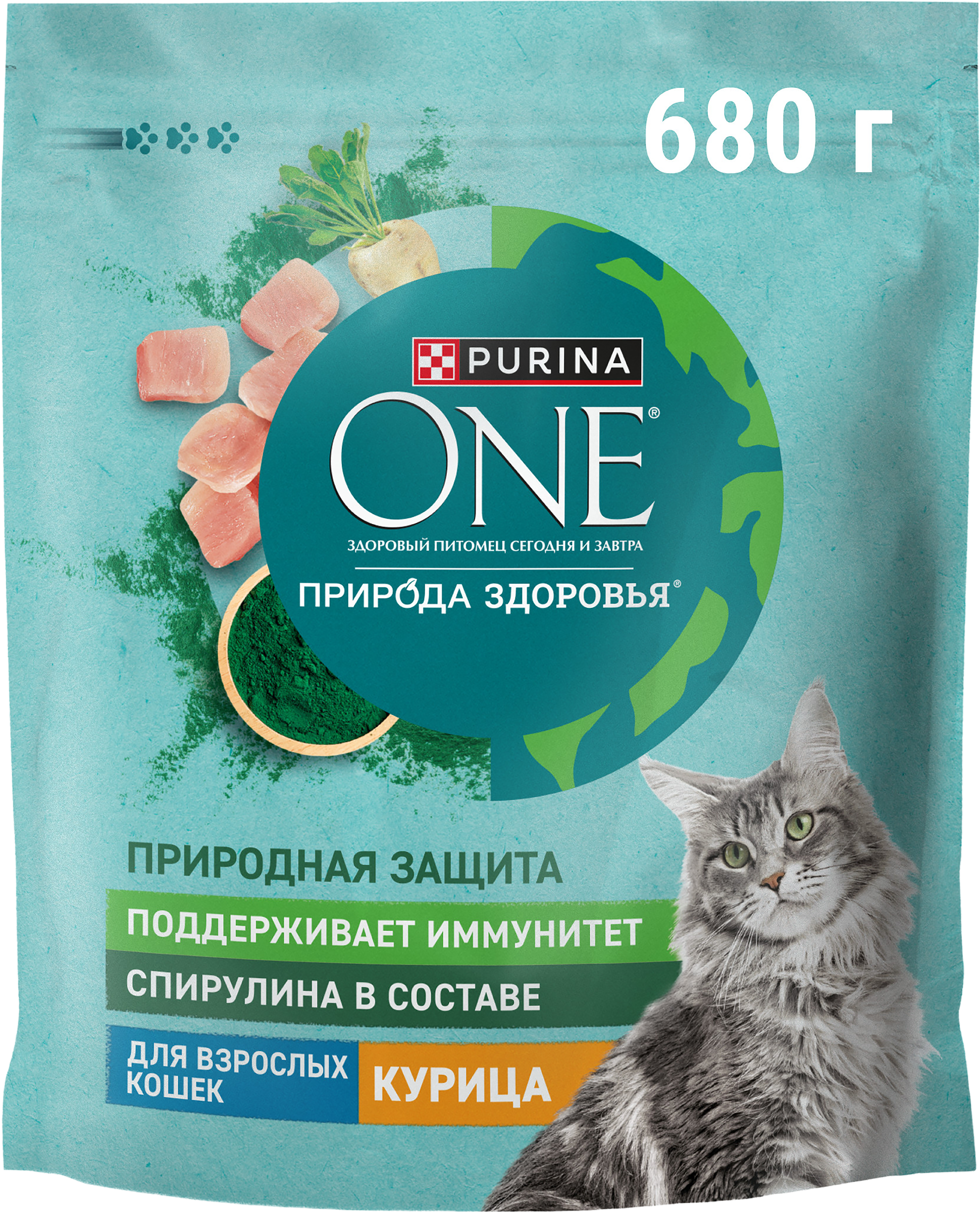Изображение товара Корм сухой для взрослых кошек PURINA ONE с курицей и спирулиной, 680г