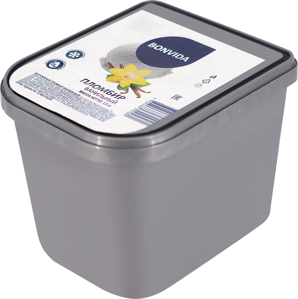 Изображение товара Мороженое BONVIDA Пломбир ванильный 12% 1500г без змж в контейнере