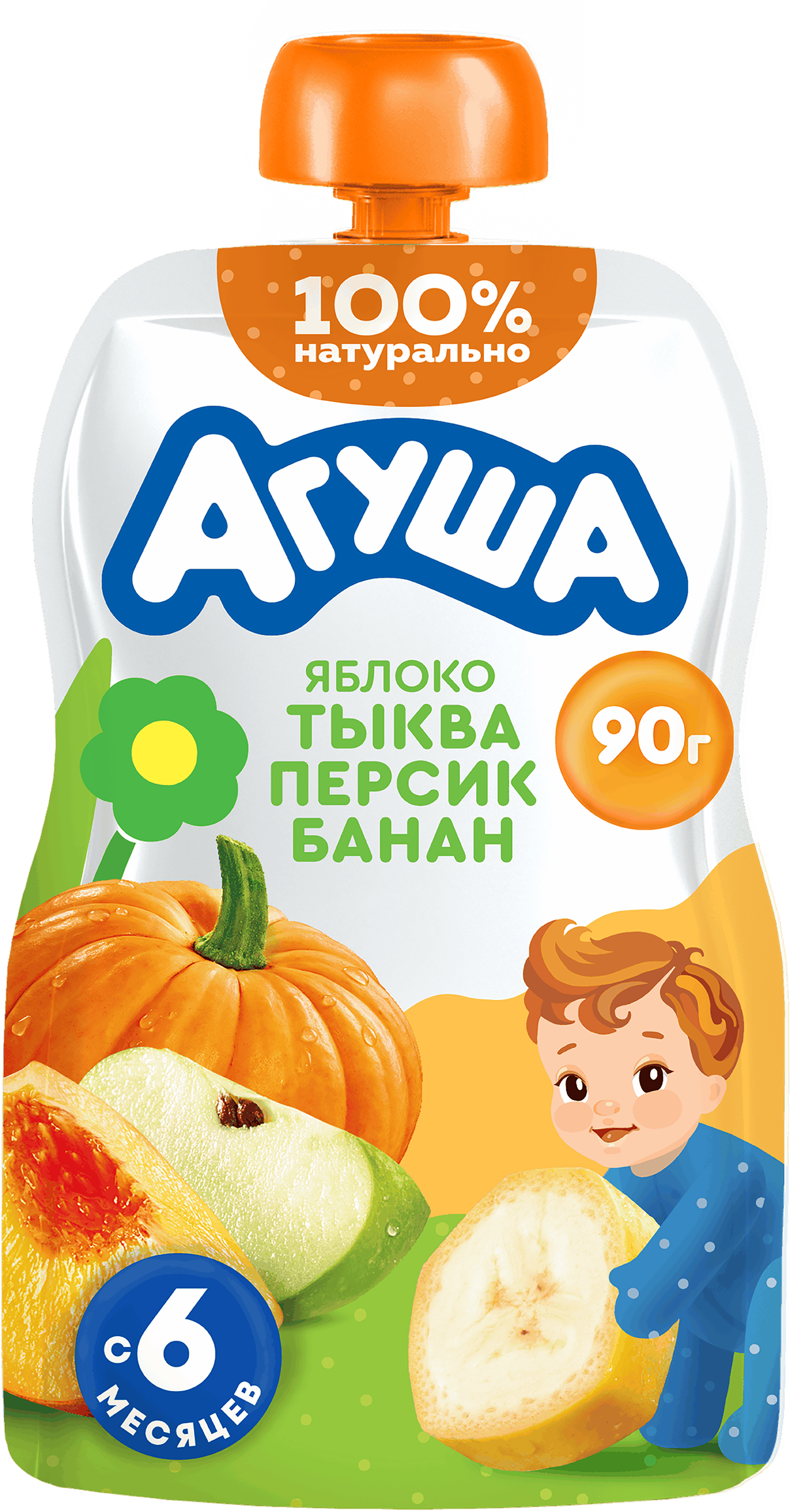 Изображение товара Пюре фруктово-овощное детское АГУША Яблоко, тыква, персик, банан, с 6 месяцев, 90г