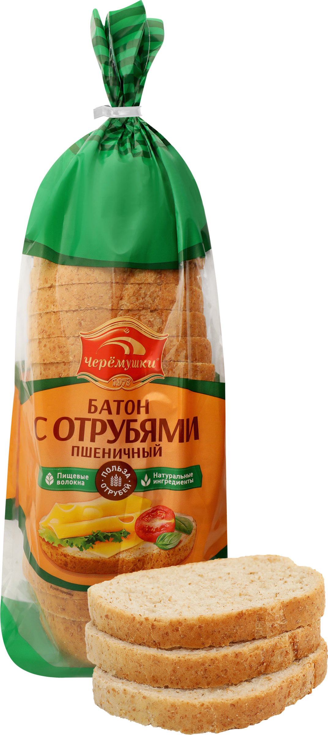 Изображение товара Батон ЧЕРЕМУШКИ с пшеничными отрубями, высший сорт, в нарезке, 350г