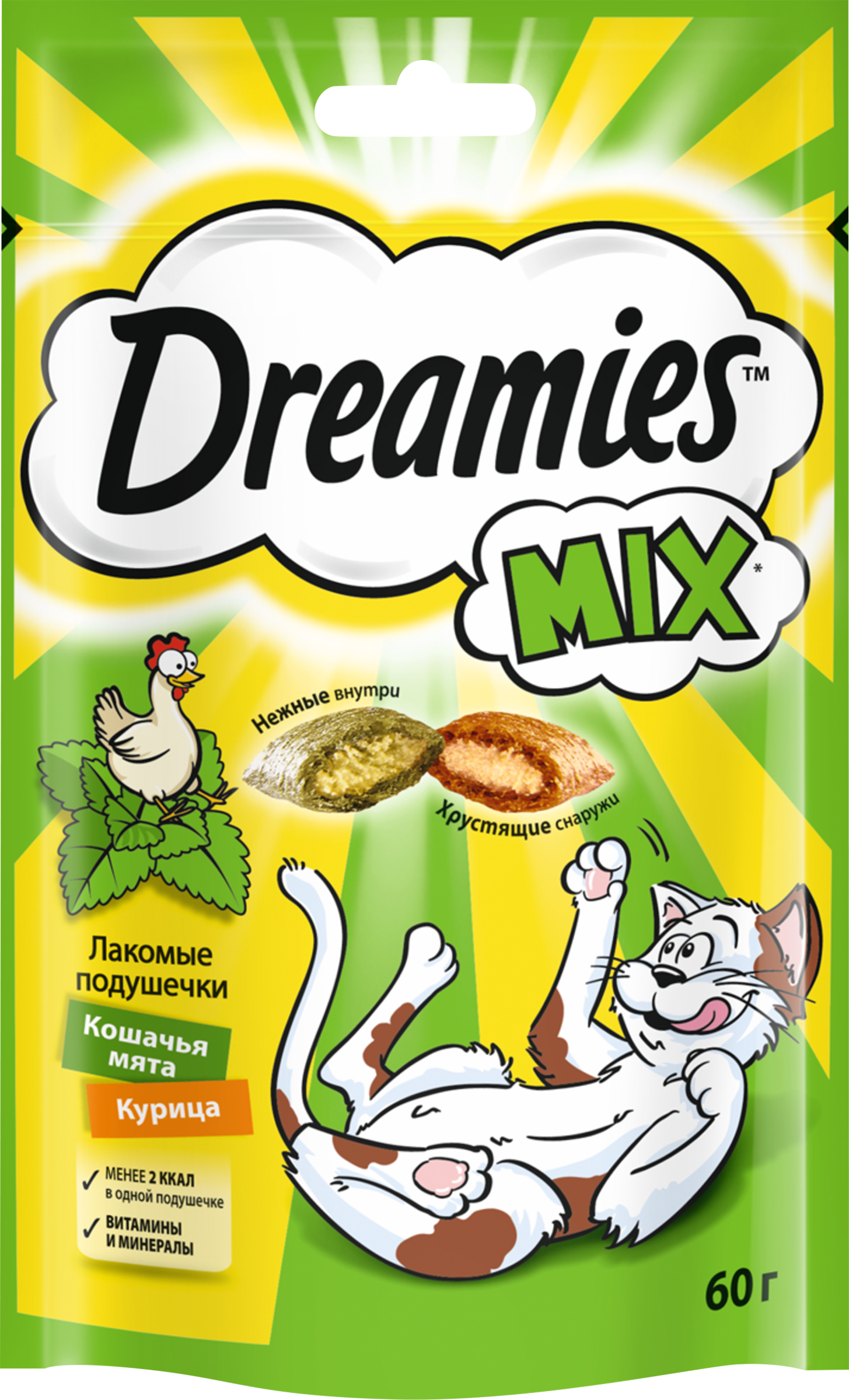 Изображение товара Лакомство для кошек DREAMIES Подушечки с мятой и курицей, 60г