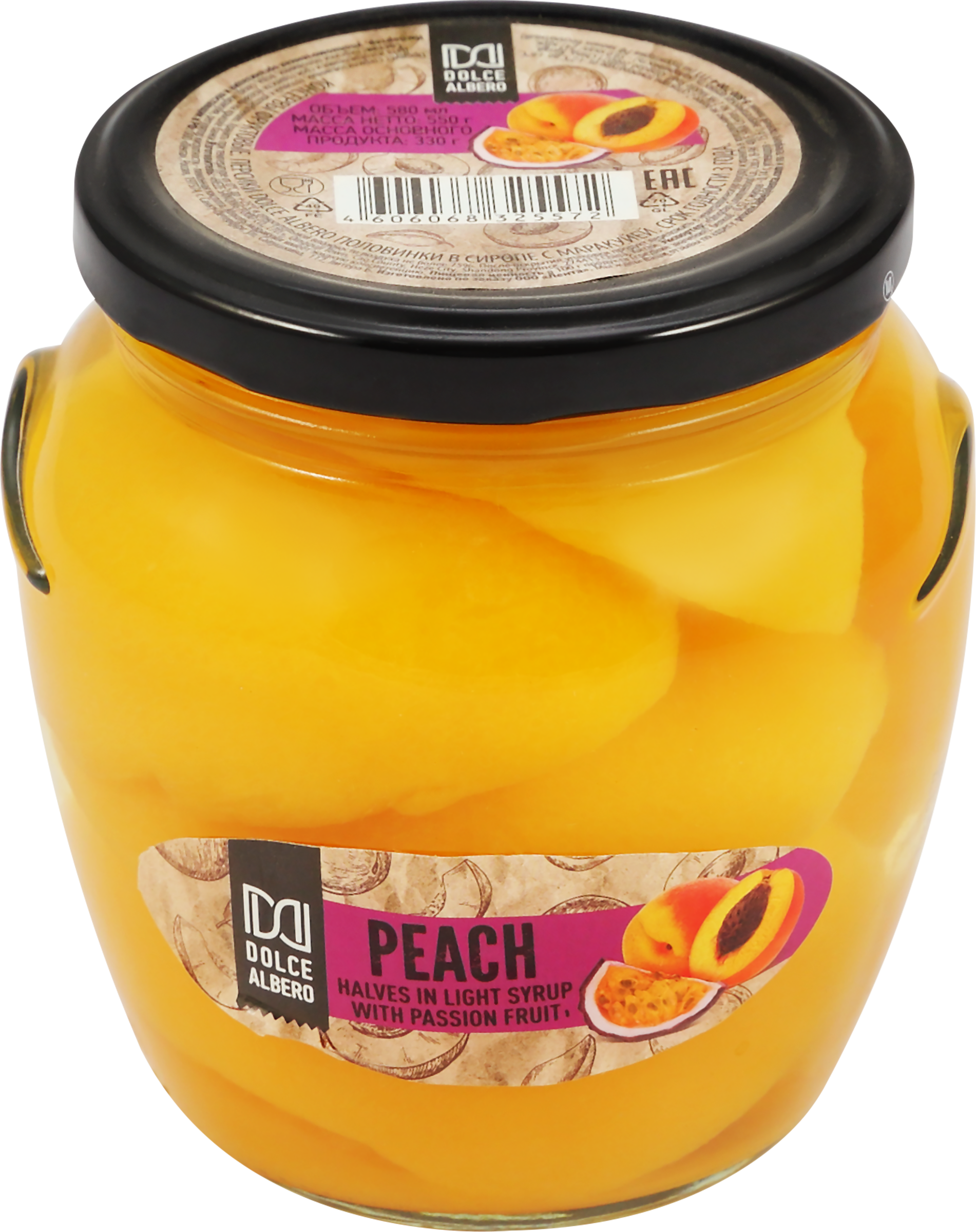Изображение товара Персики DOLCE ALBERO половинки в соке маракуйи, 580мл