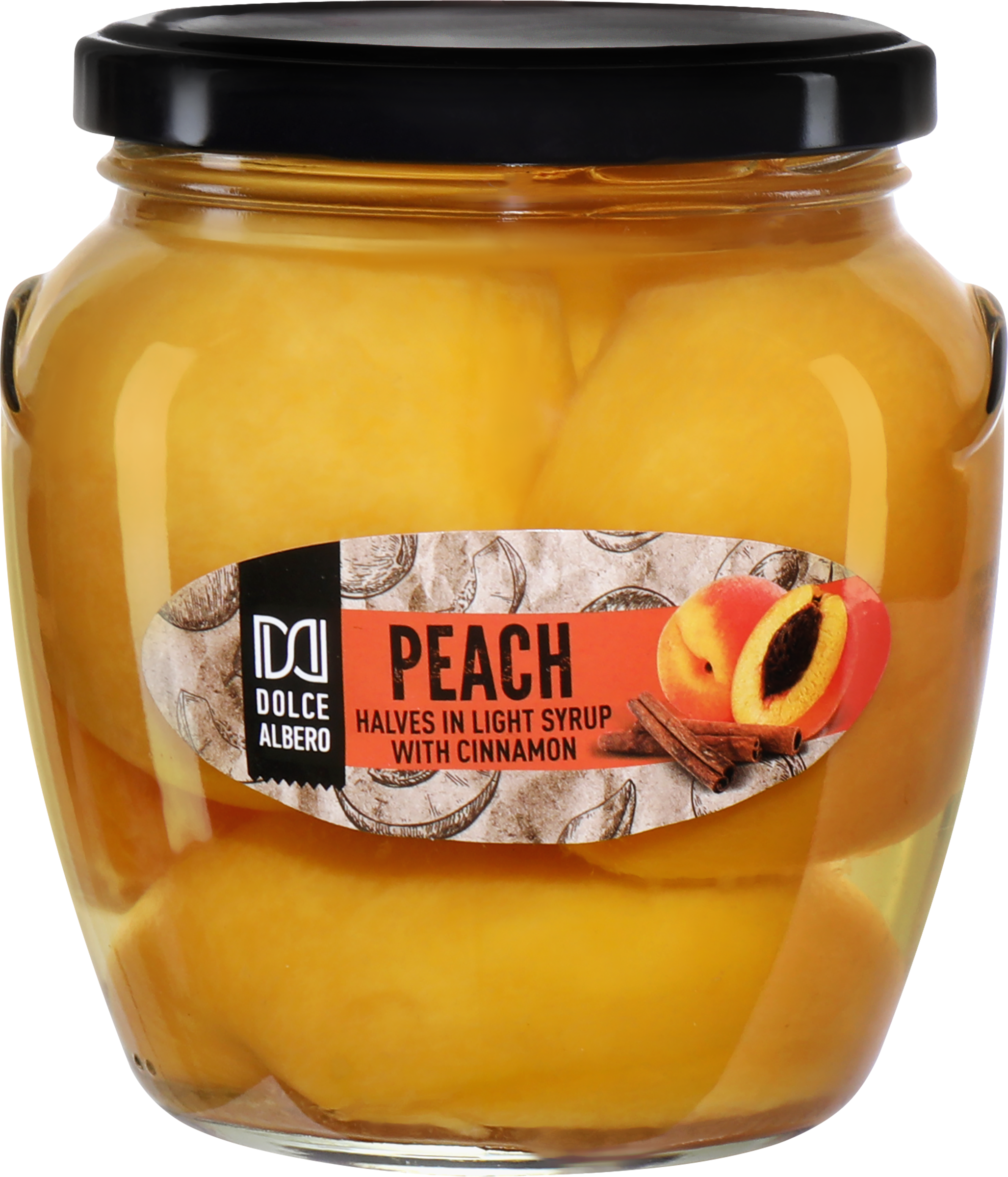 Изображение товара Персики DOLCE ALBERO половинки с корицей в сиропе 580мл натуральный десерт