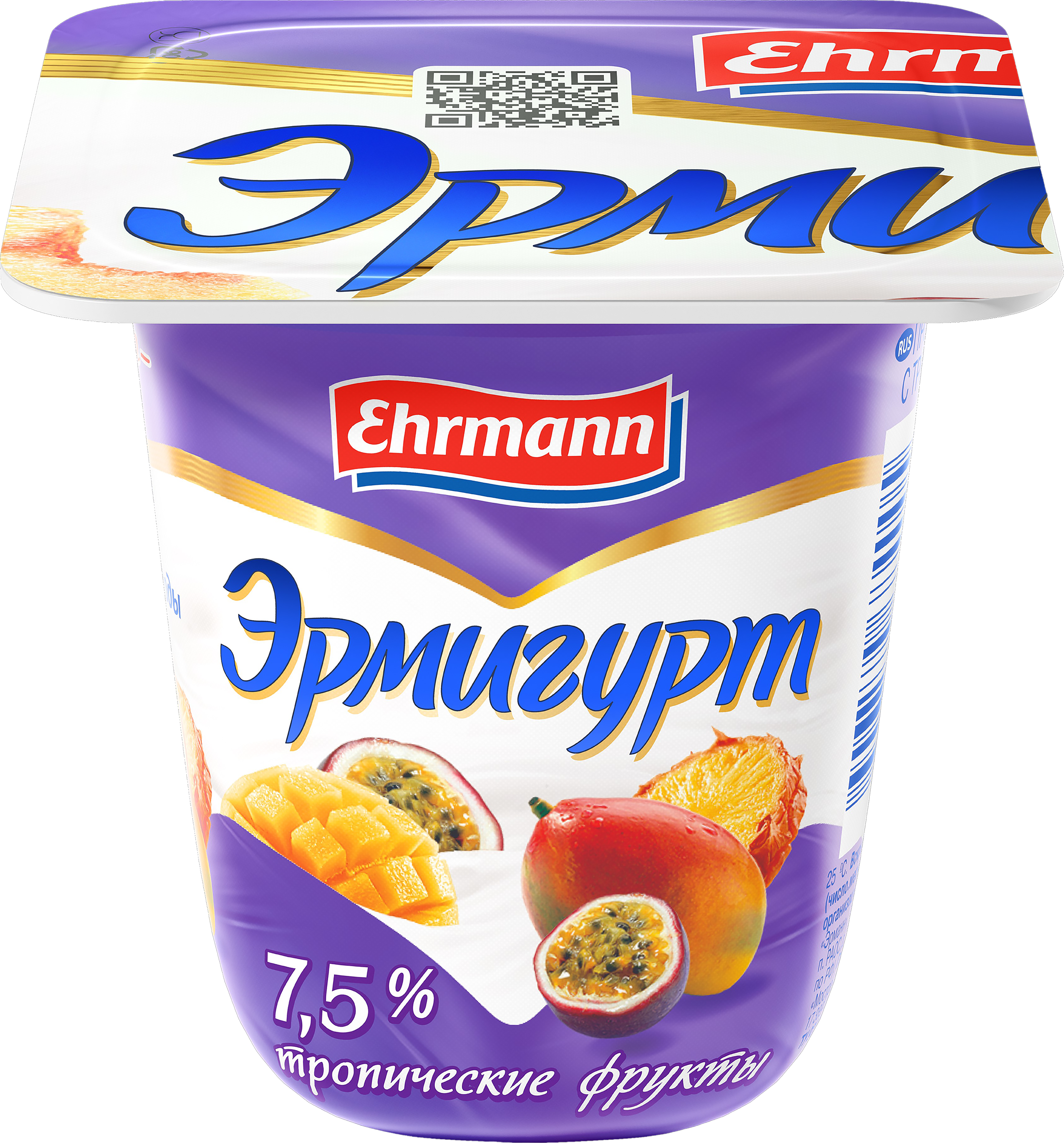 Изображение товара Продукт йогуртный EHRMANN Эрмигурт Экстра Сливочный с тропическими фруктами 7,5%, без змж, 100г