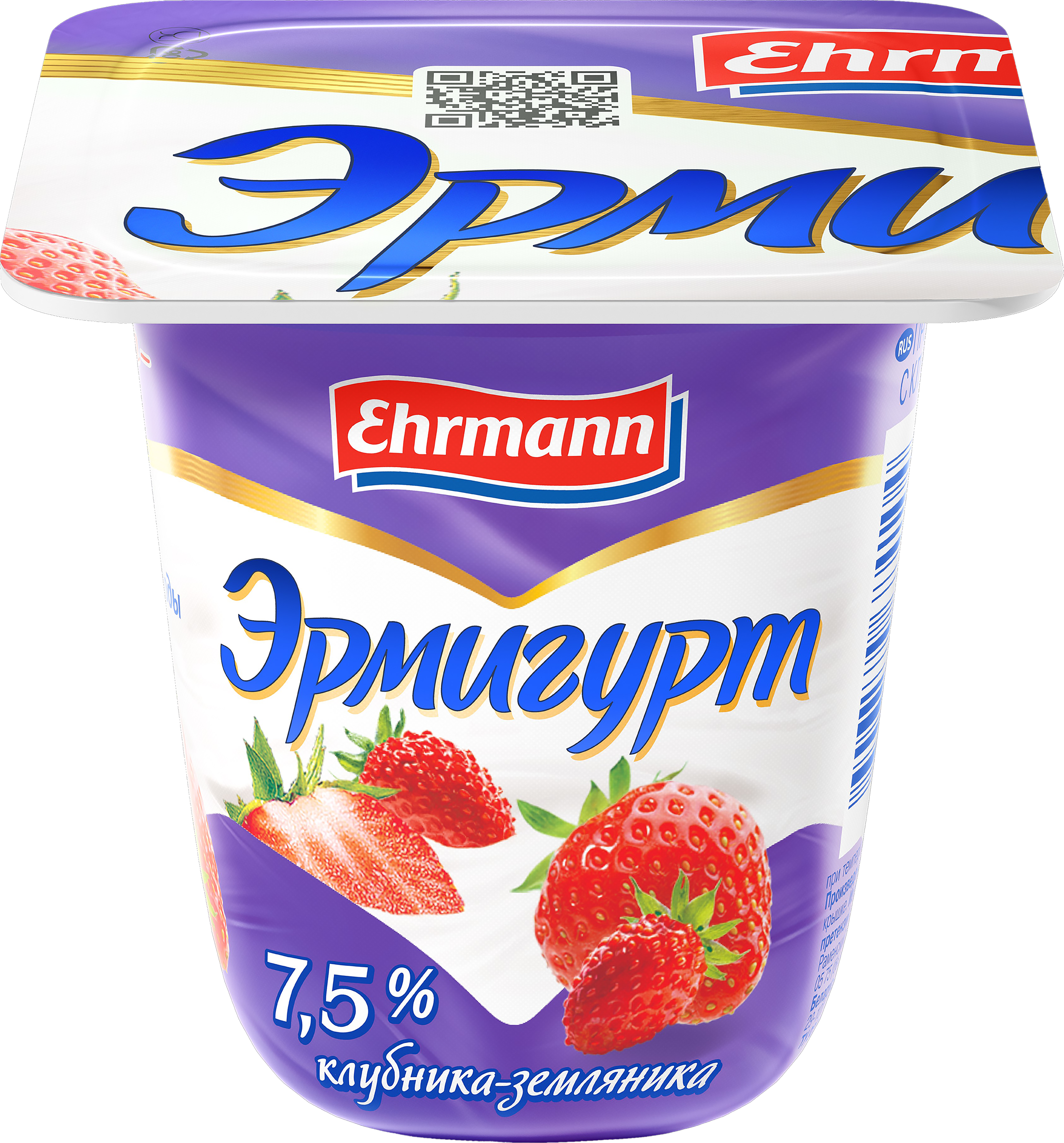 Изображение товара Продукт йогуртный EHRMANN Эрмигурт Экстра Сливочный с клубникой и земляникой 7,5%, без змж, 100г