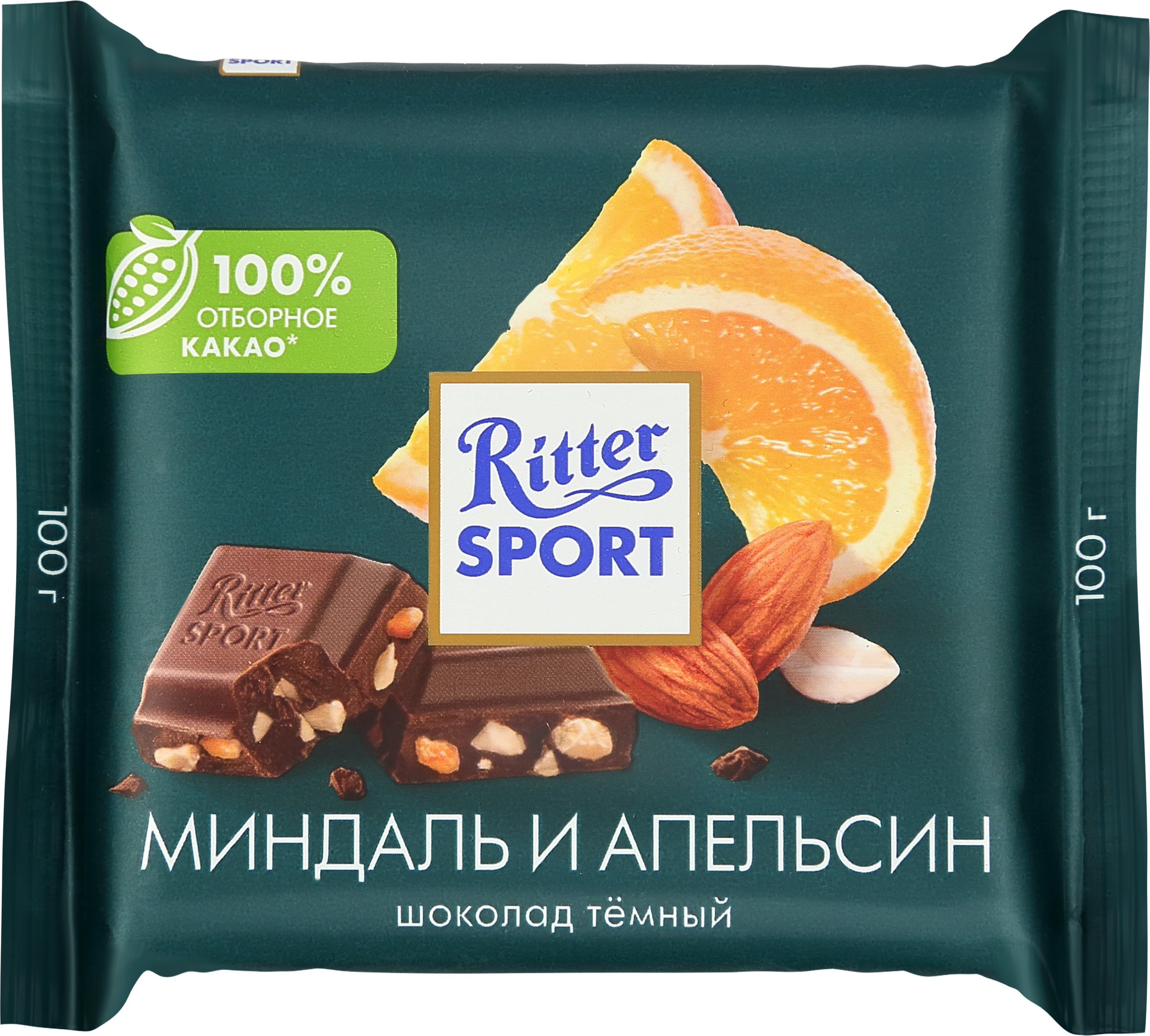 Изображение товара Шоколад темный RITTER SPORT с дробленным миндалем и кусочками апельсиновой цедры, 100г