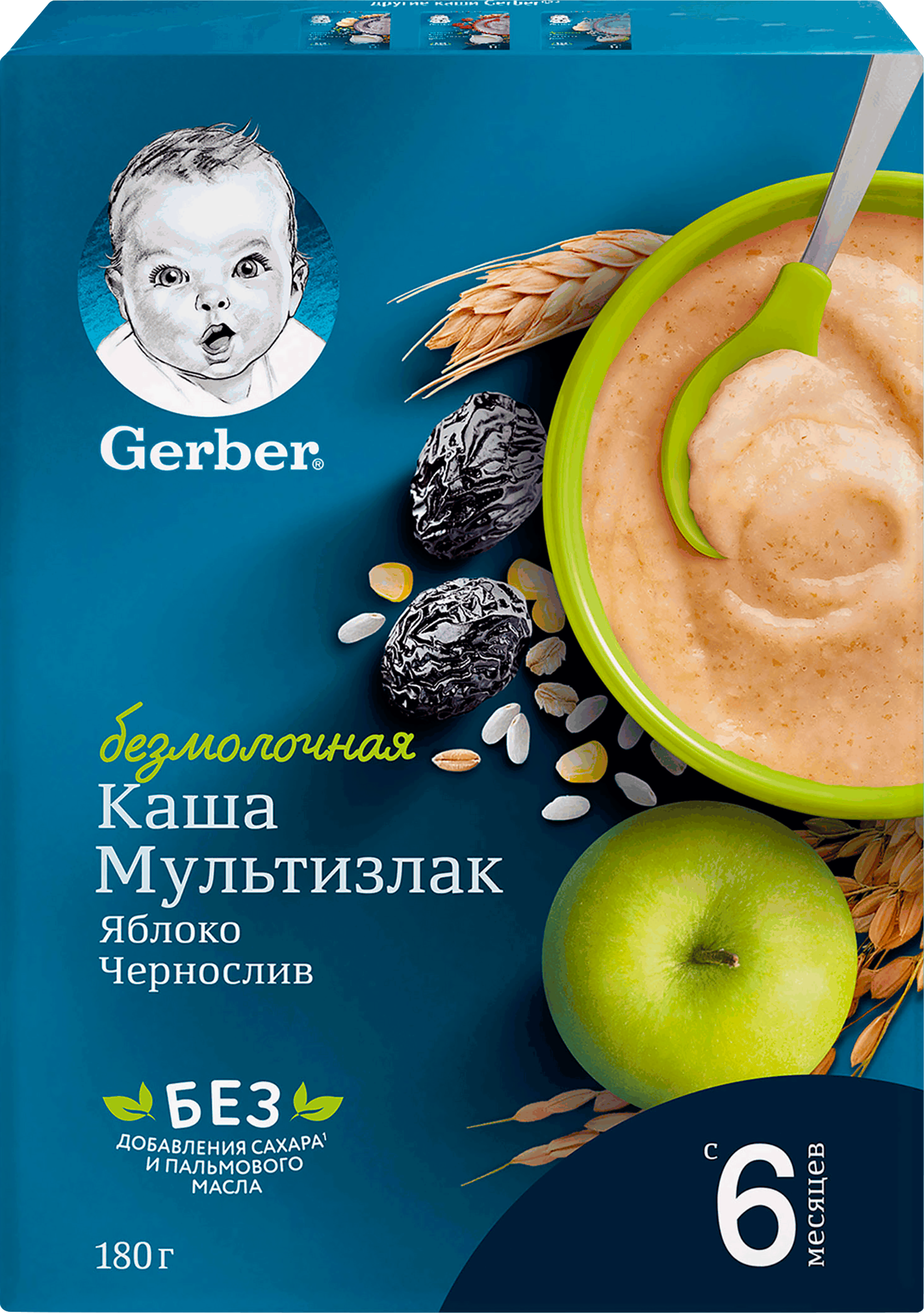 Изображение товара Мультизлаковая безмолочная каша GERBER с яблоком и черносливом 180г для детей от 6 месяцев