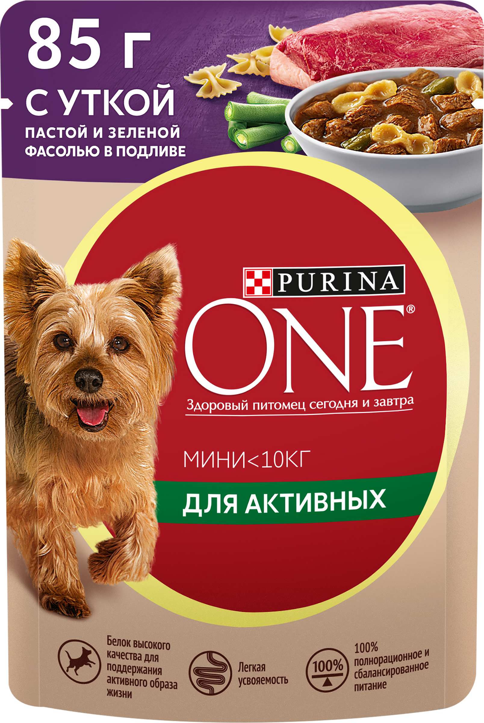 Изображение товара Корм влажный для взрослых собак PURINA ONE Mini Активная Утка, паста и зеленая фасоль в подливе, 85г