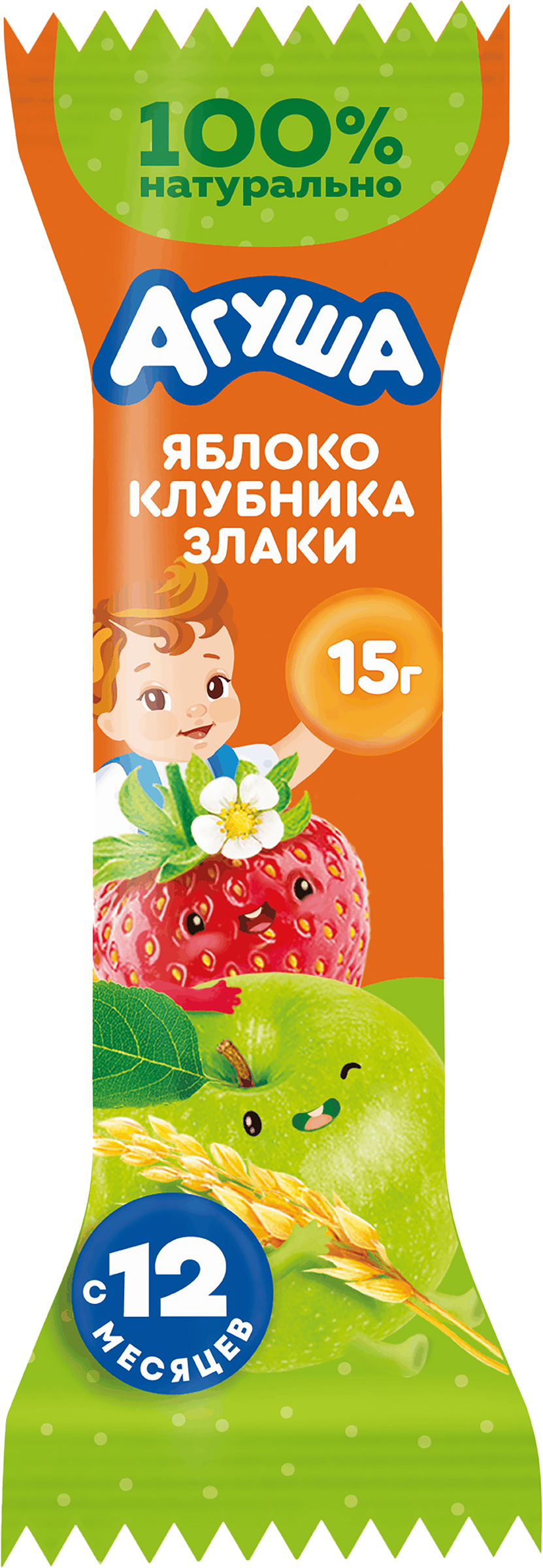Изображение товара Батончик фруктово-злаковый детский АГУША Яблоко, клубника и злаки, с 12 месяцев, 15г