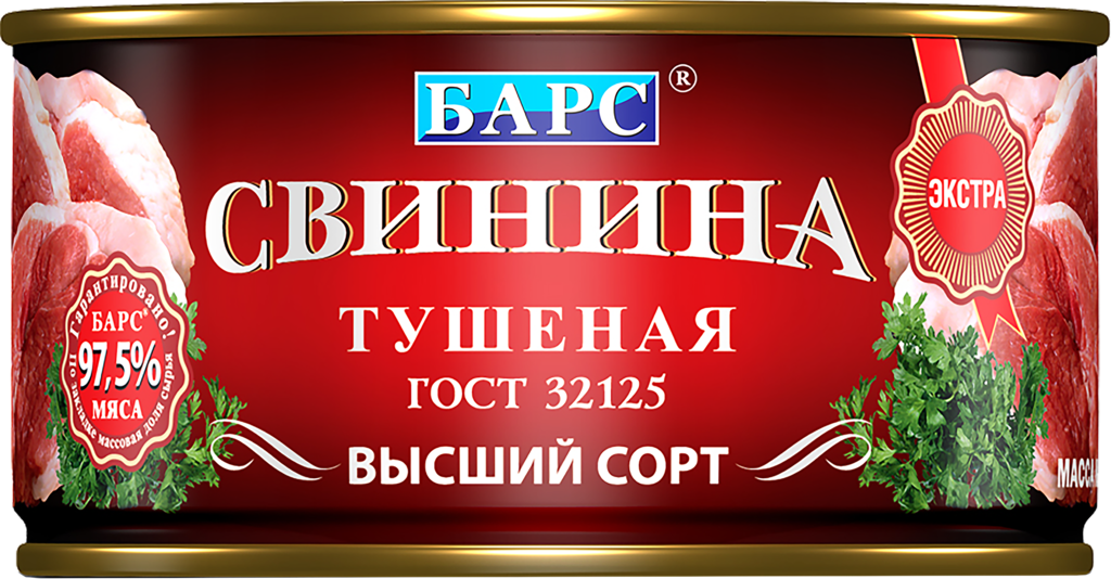 Изображение товара Свинина тушеная БАРС высший сорт - готовый обед в железной банке 325г