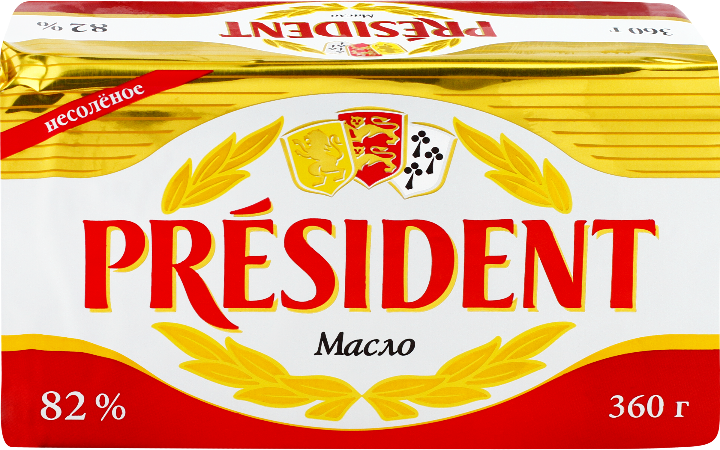 Изображение товара Масло кислосливочное PRESIDENT несоленое 82% высший сорт, без змж, 360г