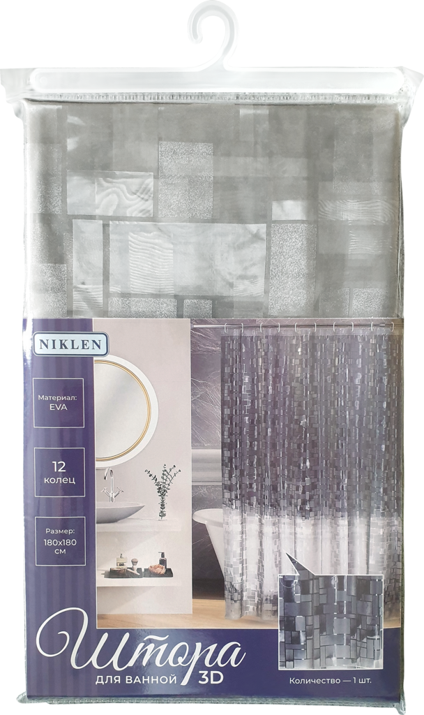Изображение товара Штора для ванной NIKLEN 3D, 180х180см, 12 колец для крепления