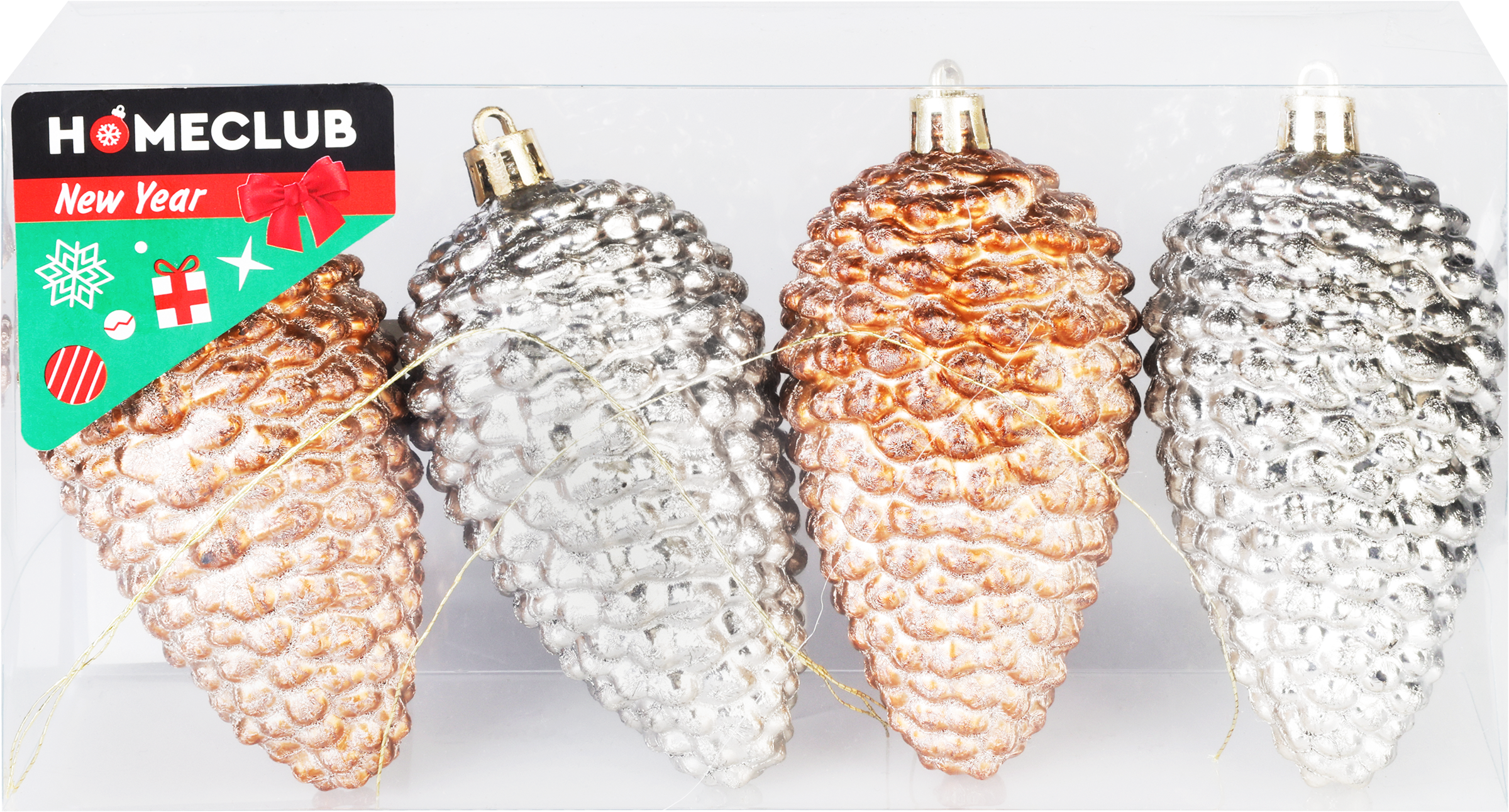 Изображение товара Набор елочных украшений HOMECLUB Шишки еловые 9см, 4шт, пластик, золотой