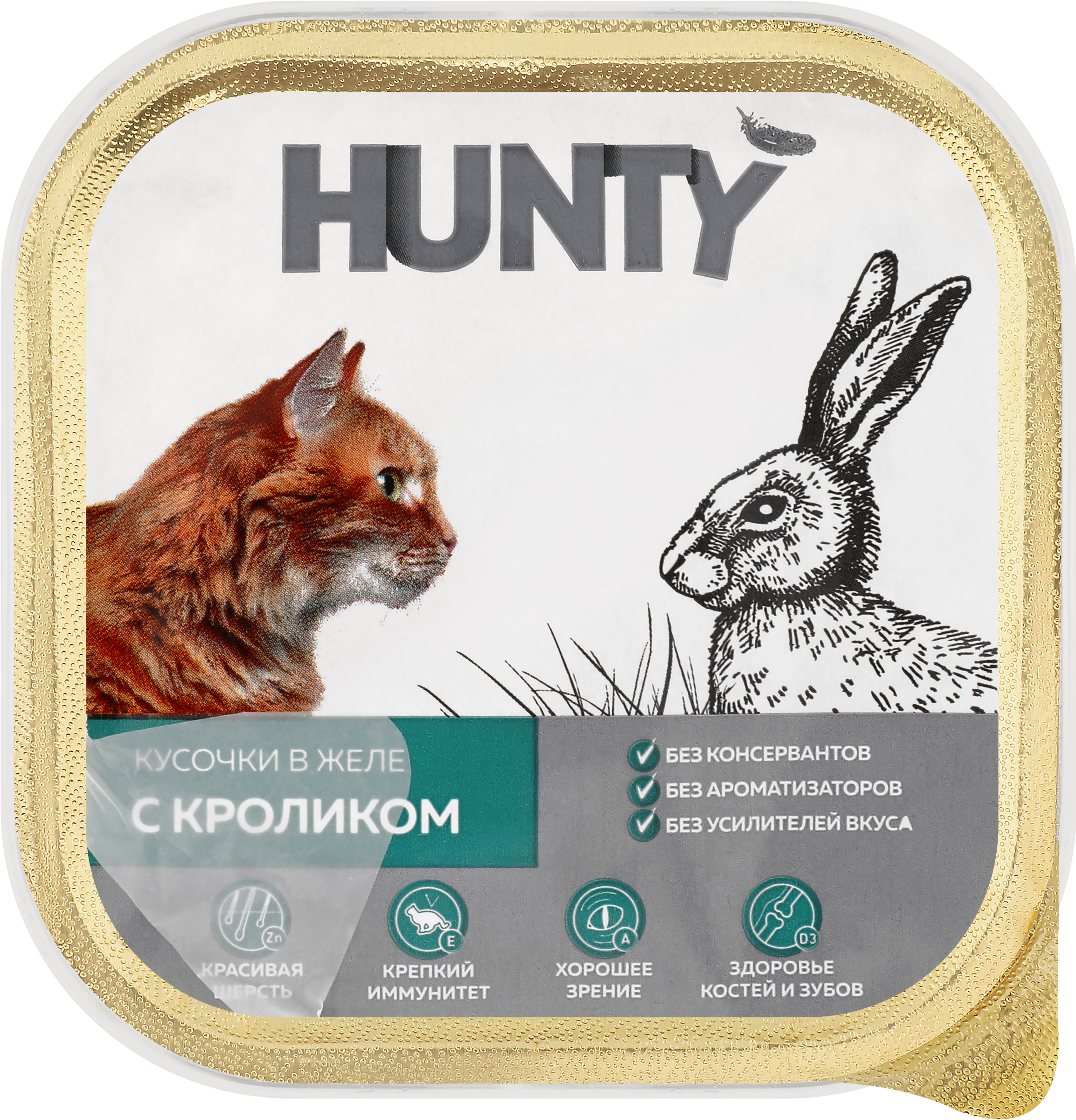 Изображение товара Корм консервированный для взрослых кошек HUNTY с кроликом, кусочки в желе, 100г