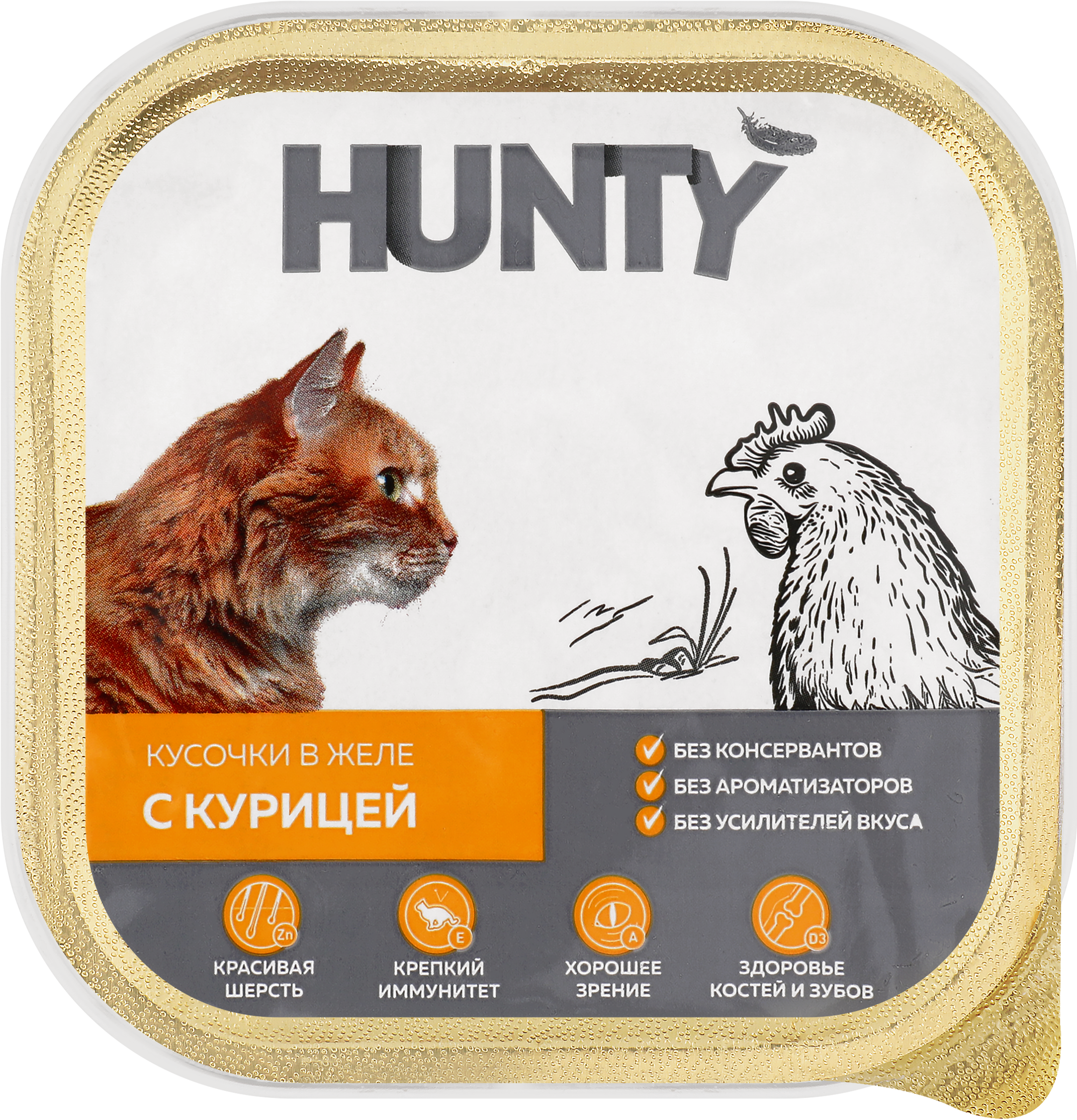 Изображение товара Корм консервированный для взрослых кошек HUNTY с курицей в желе, 100г