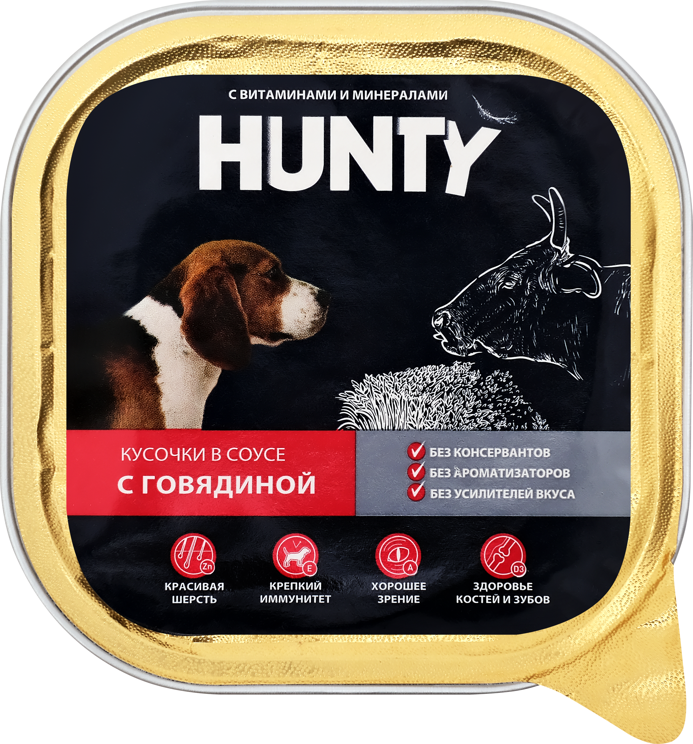 Изображение товара Корм консервированный для взрослых собак HUNTY кусочки в соусе с говядиной, 300г
