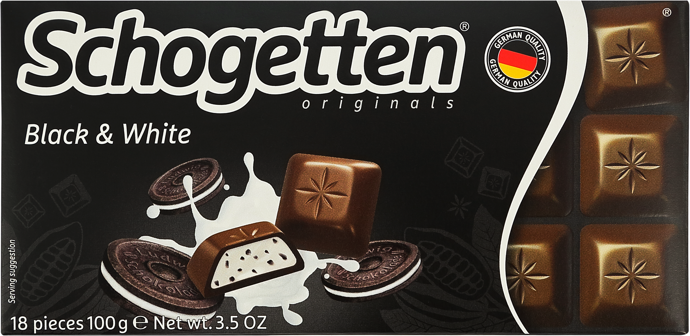 Изображение товара Шоколад молочный SCHOGETTEN Black&White с ванильным кремом, кусочками печенья и какао, 100г