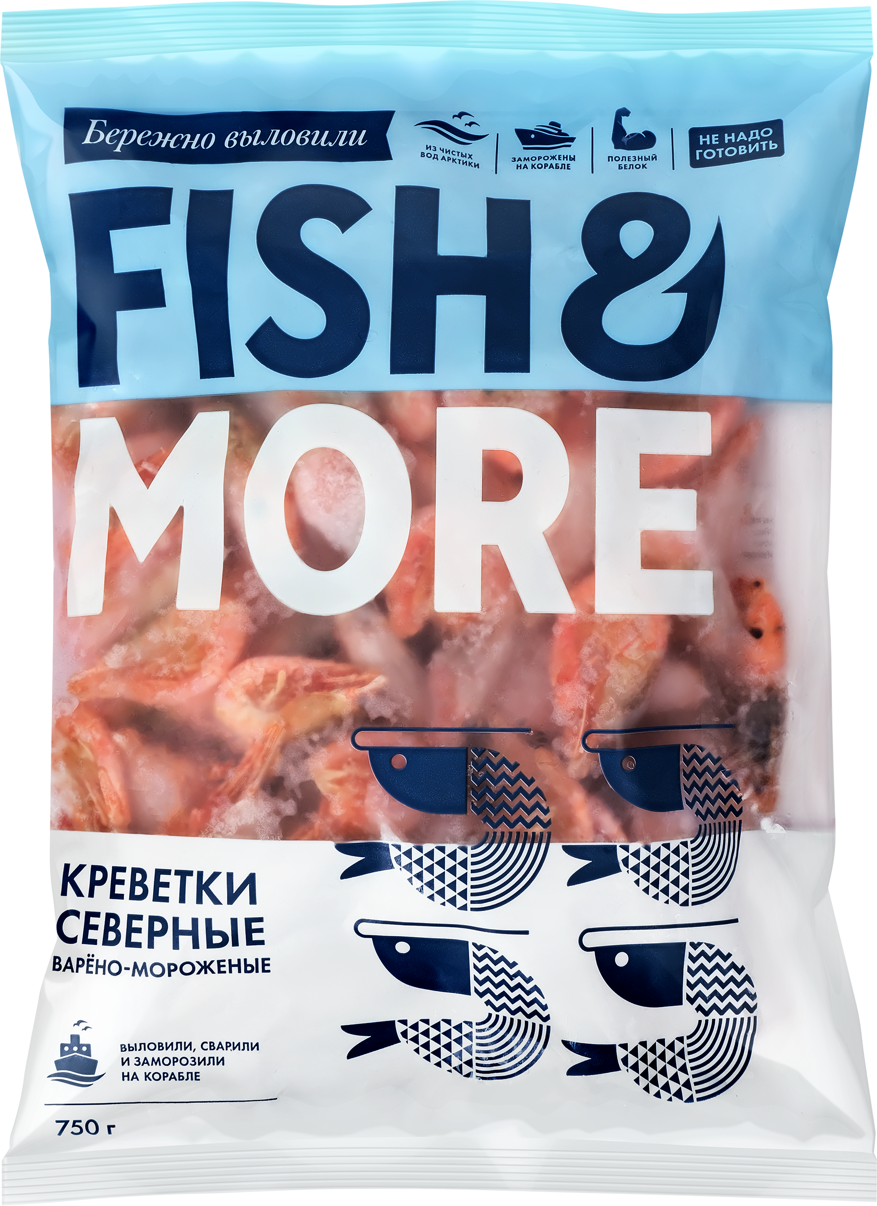 Изображение товара Креветки северные варено-мороженые FISH & MORE в панцире 80/100, 750г
