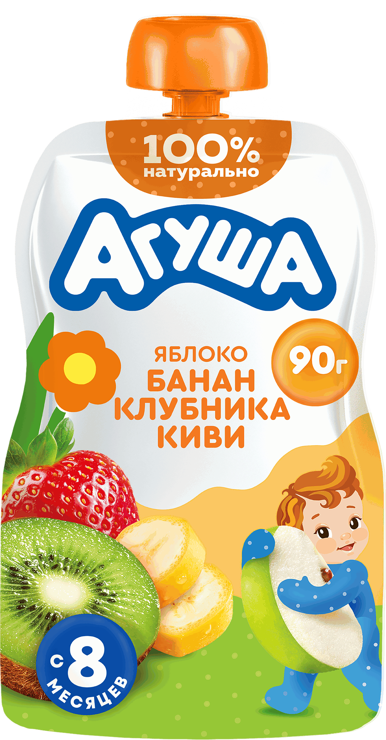 Изображение товара Пюре фруктово-ягодное детское АГУША Яблоко, банан, клубника и киви, с 8 месяцев, 90г