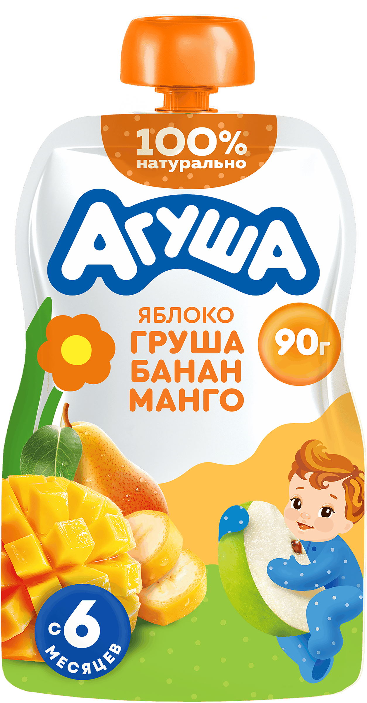 Изображение товара Детское фруктовое пюре Агуша Яблоко, груша, банан, манго 90г с 6 месяцев