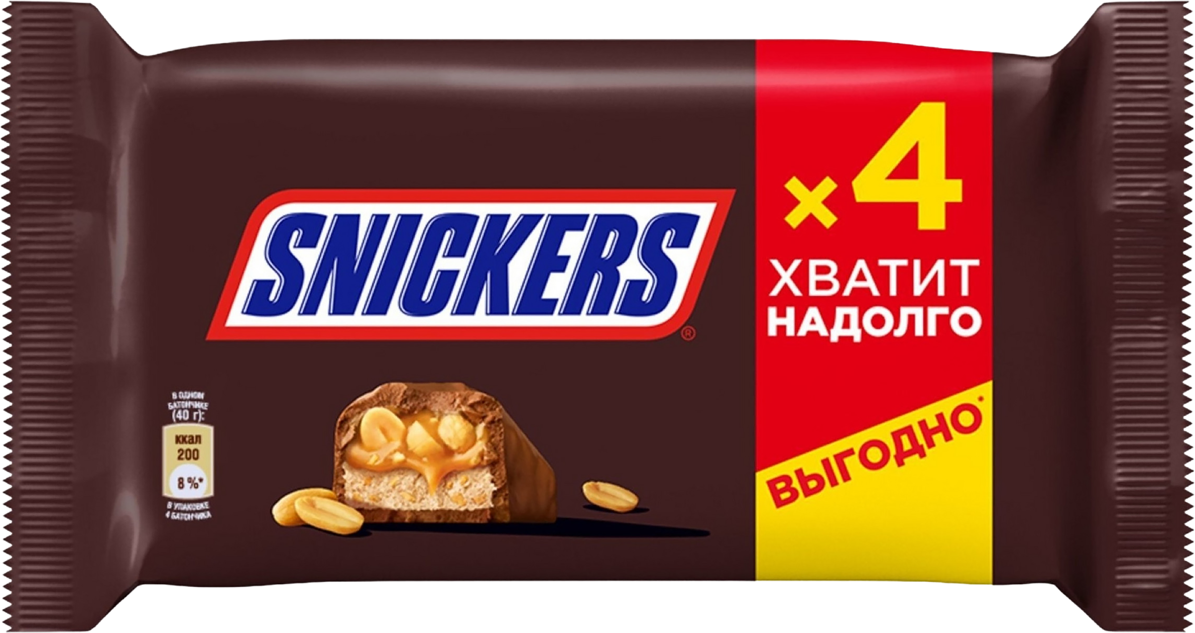 Изображение товара Батончик шоколадный SNICKERS с арахисом и карамелью, 4х40г