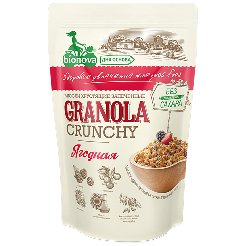 Изображение товара Мюсли BIONOVA Granola crunchy Ягодная 400г - хрустящие мультизлаковые хлопья с ягодами