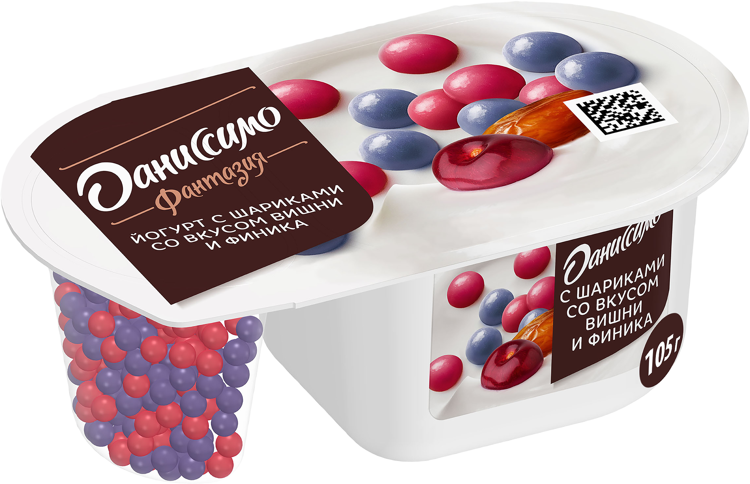 Изображение товара Йогурт ДАНИССИМО Фантазия с хрустящими шариками вишня и финик 6,9% 105г