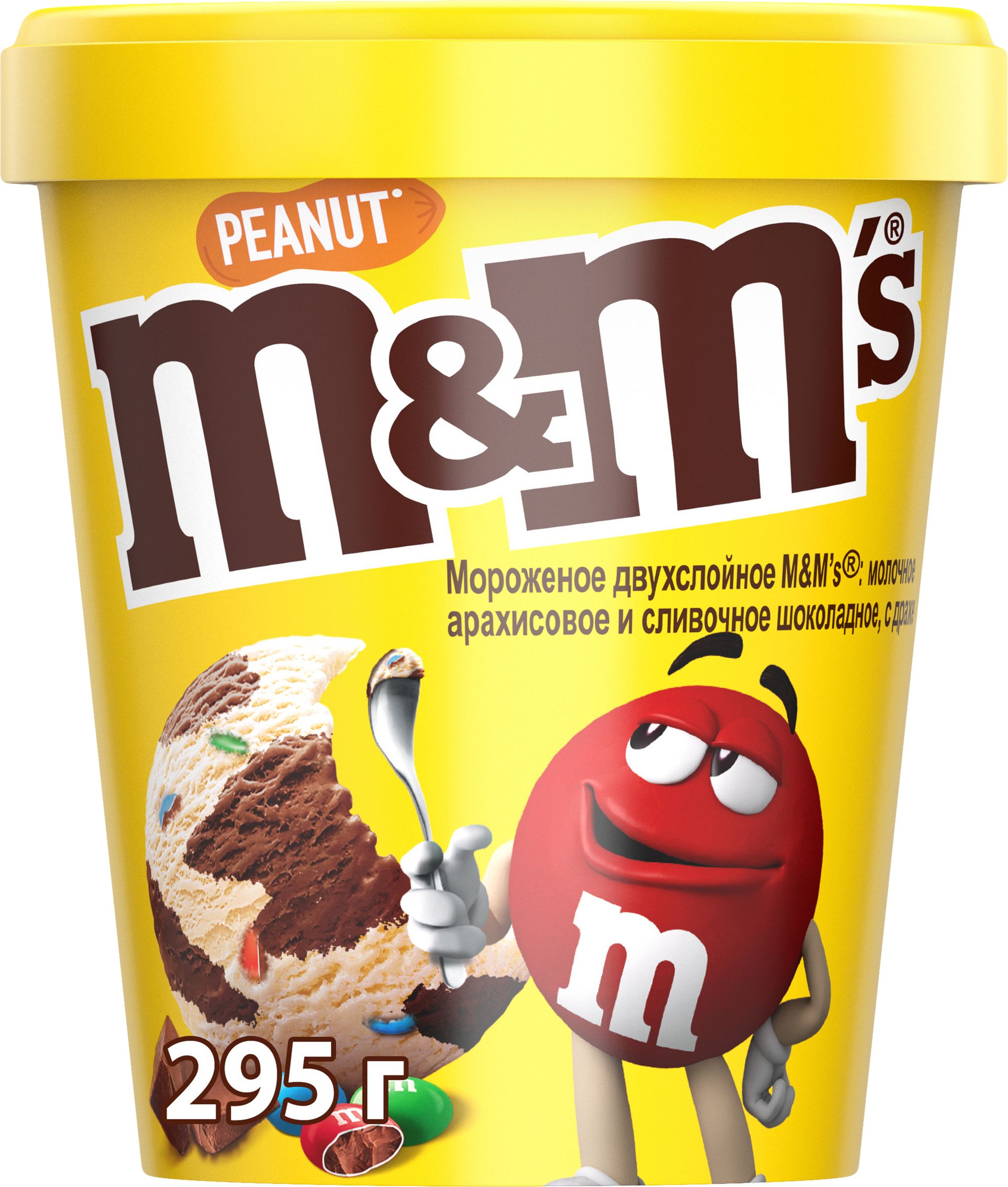 Изображение товара Мороженое M&M'S двухслойное молочное арахисовое и сливочное шоколадное с драже, без змж, картонный стакан, 295г