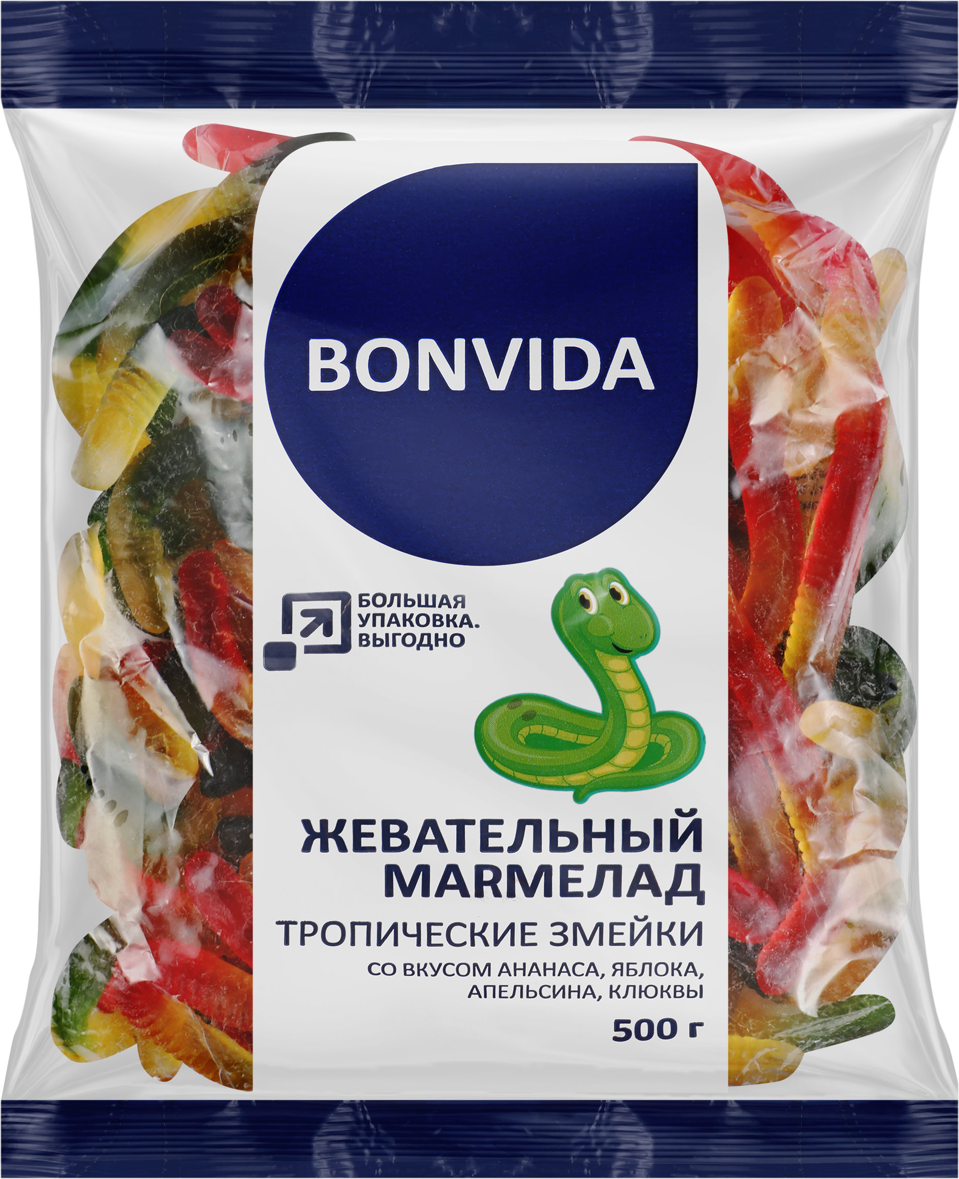 Изображение товара Мармелад жевательный BONVIDA Тропические змейки 500г натур.состав и яркий вкус