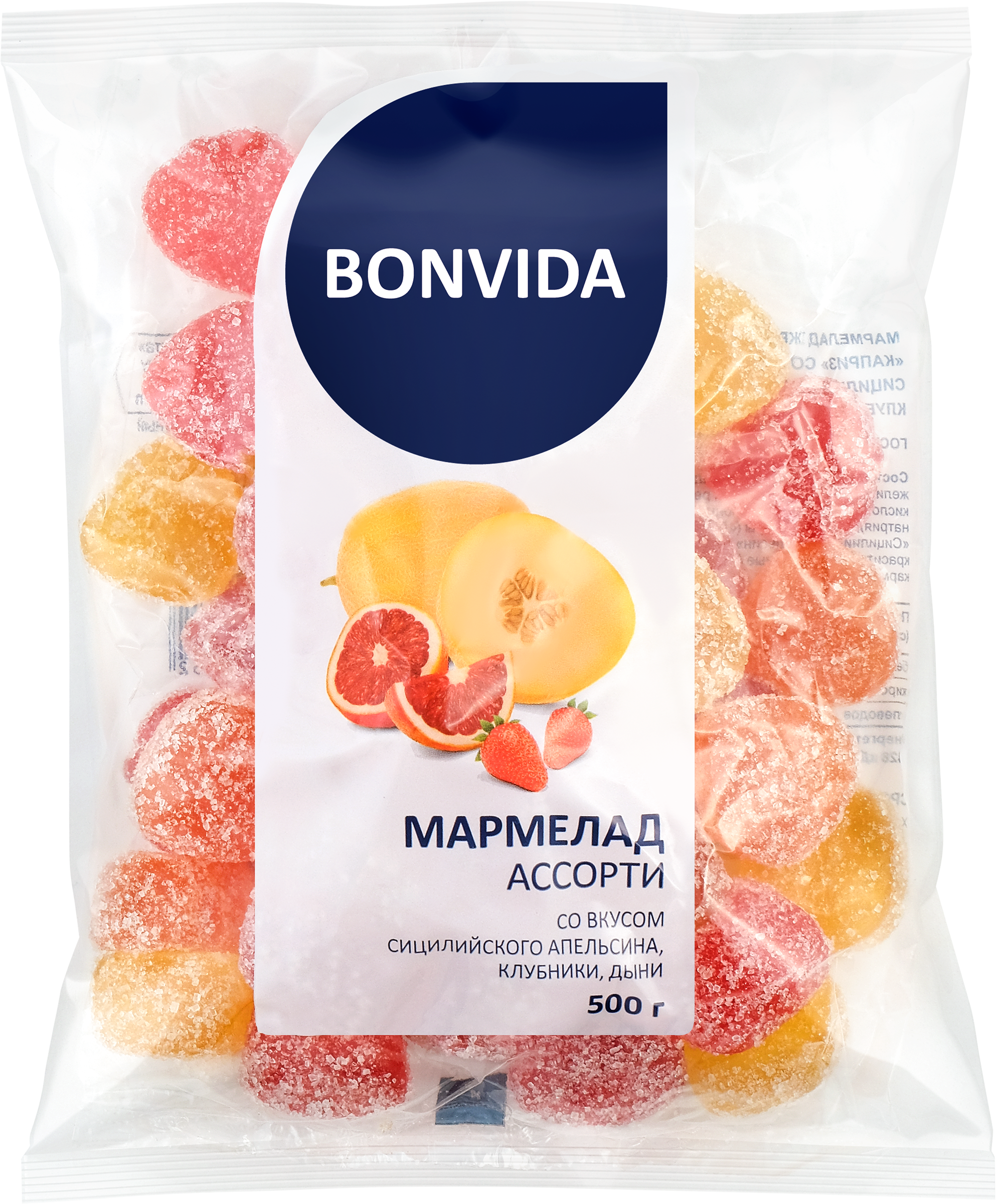 Изображение товара Мармелад BONVIDA Ассорти сицилийский апельсин клубника дыня 500г