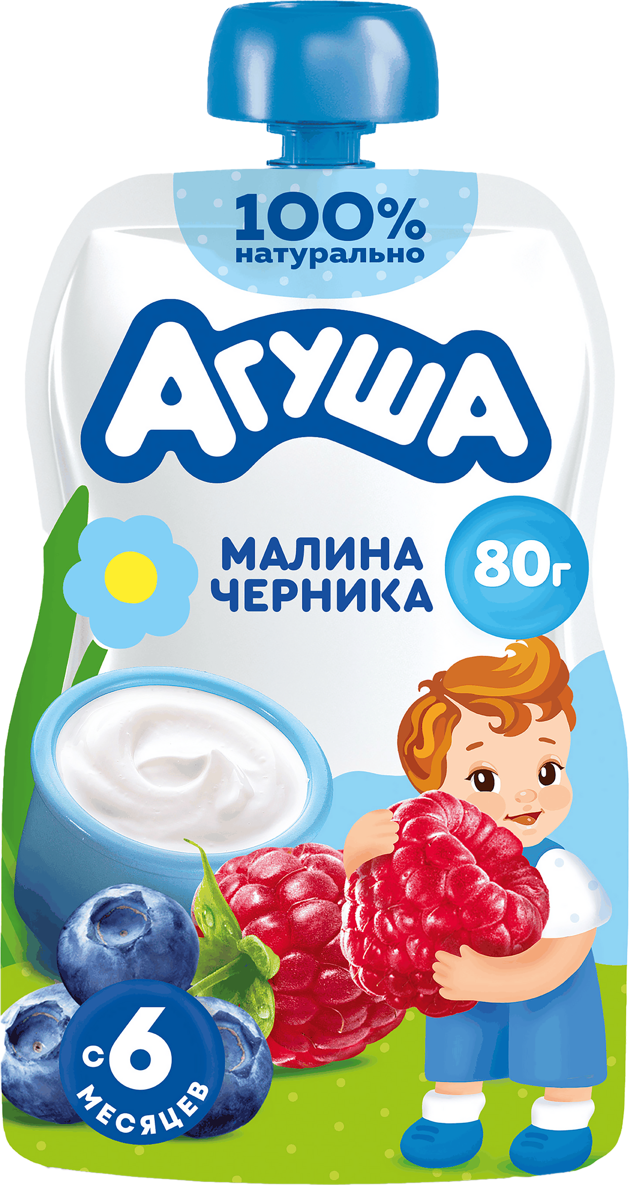 Изображение товара Творог детский АГУША Малина, черника фруктовый 4%, с 6 месяцев, без змж, 80г