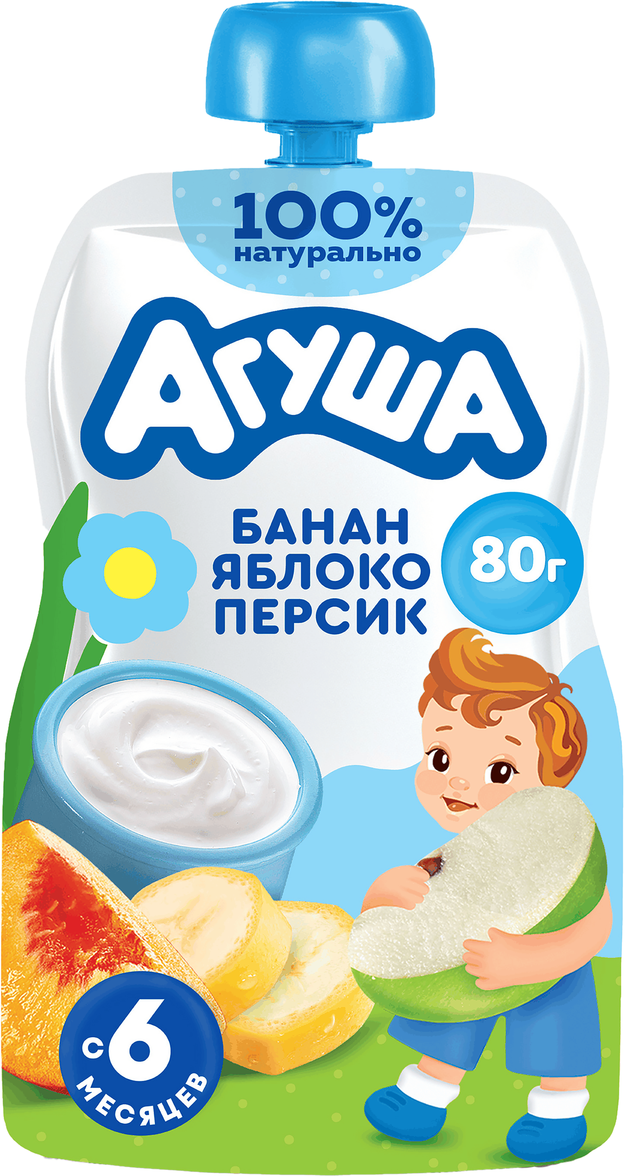 Изображение товара Творог детский АГУША Банан, яблоко, персик фруктовый 4%, с 6 месяцев, без змж, 80г