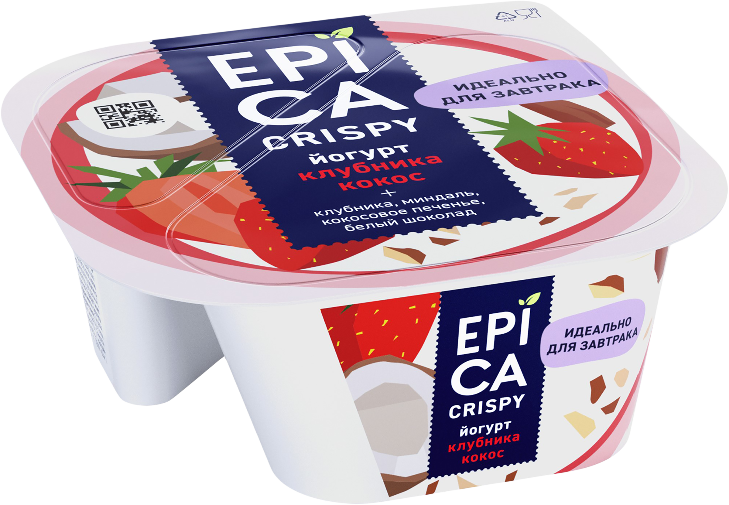 Изображение товара Йогурт EPICA Crispy с клубникой и кокосом 7,3%, 138г для здорового питания