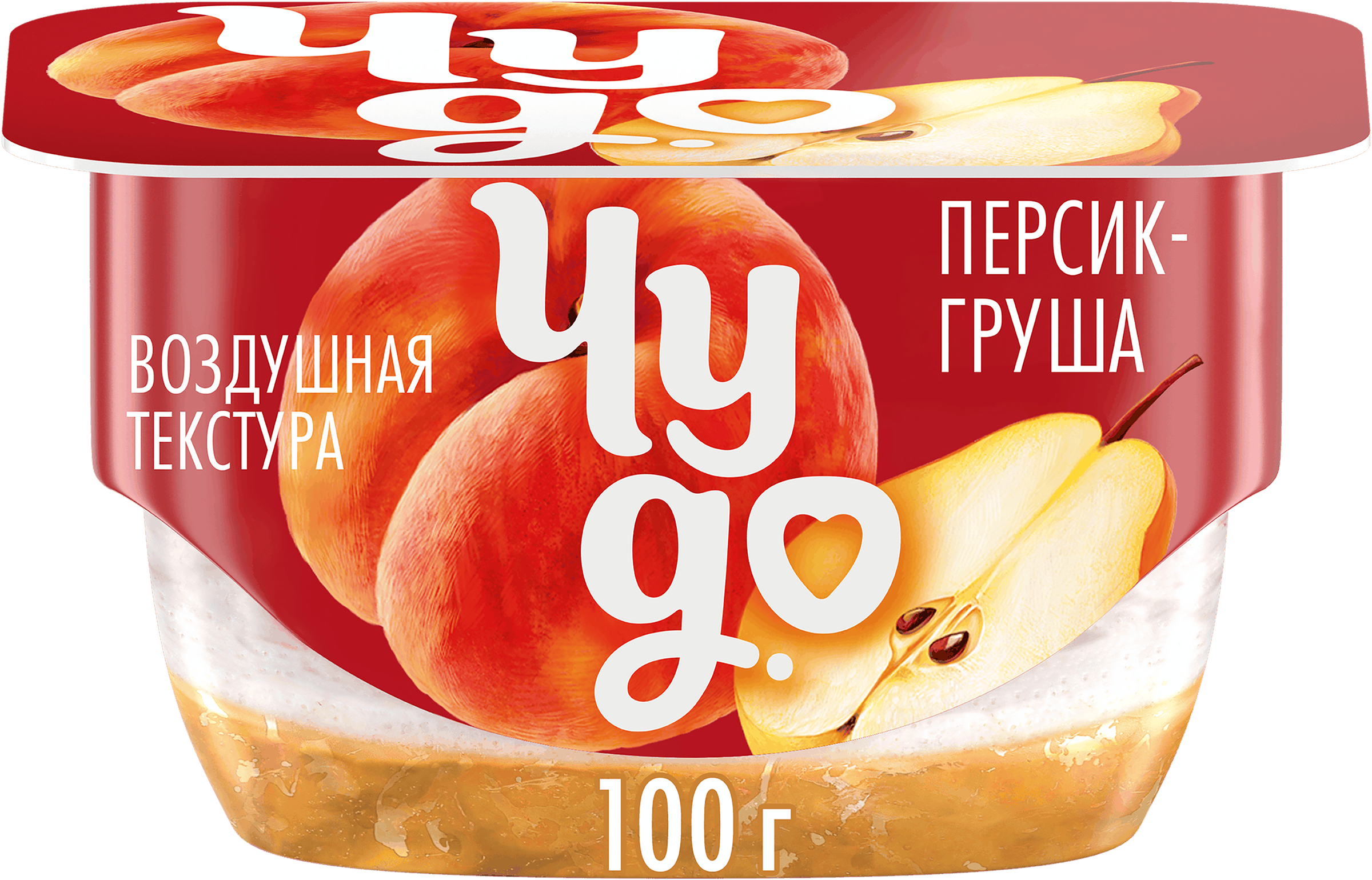 Изображение товара Десерт творожный ЧУДО Творожок взбитый двухслойный Персик, груша 4,2%, без змж, 100г
