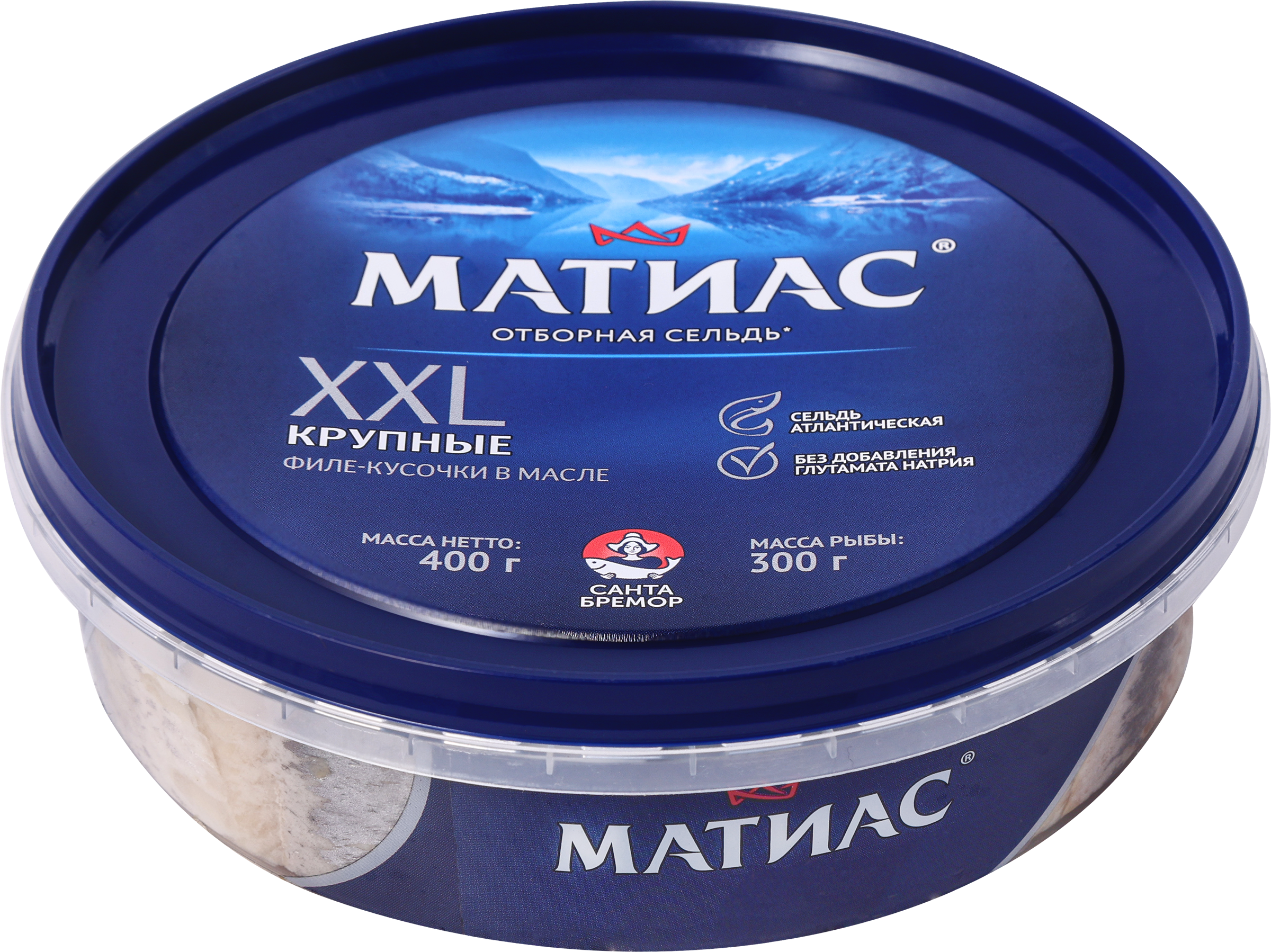 Изображение товара Сельдь Атлантическая слабосоленая САНТА БРЕМОР Матиас XXL 400г в масле филе-кусочки