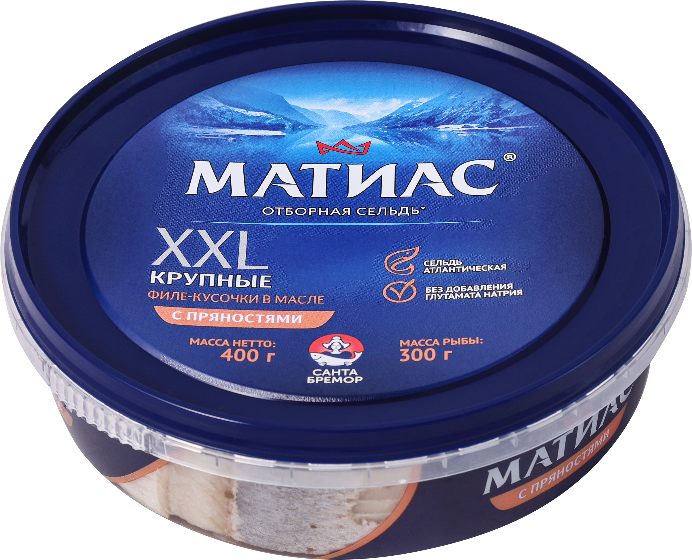 Изображение товара Сельдь слабосоленая САНТА БРЕМОР Матиас XXL филе-кусочки в масле 400г