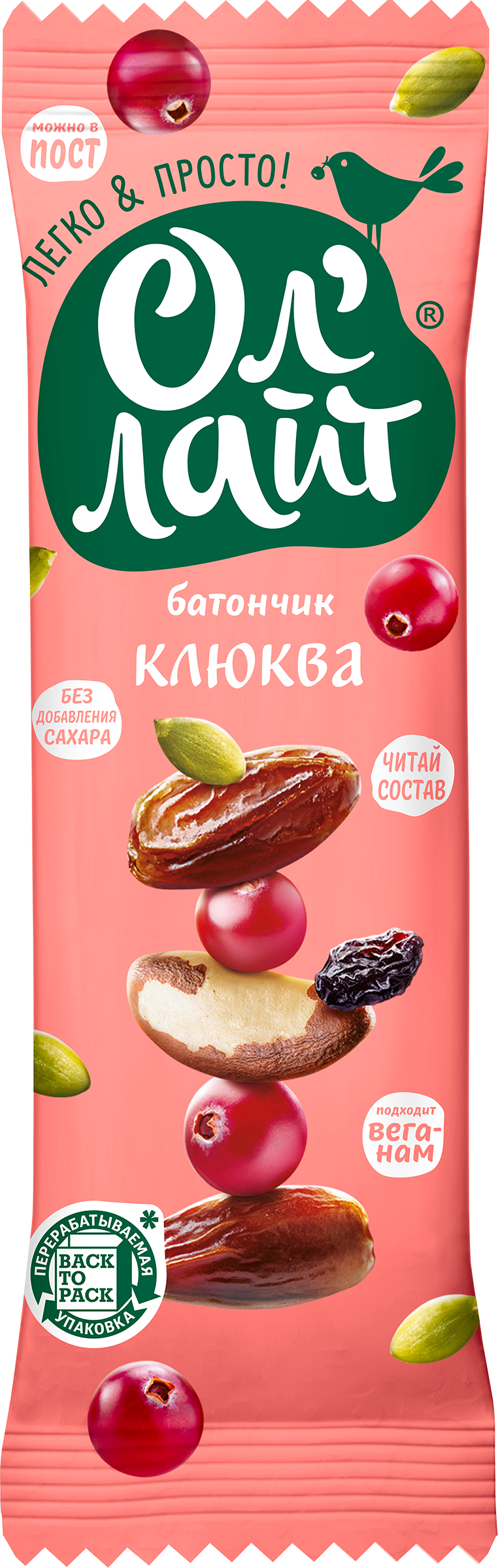 Изображение товара Батончик фруктово-ореховый ОЛ'ЛАЙТ Клюквенный 30г, полезный перекус без глютена