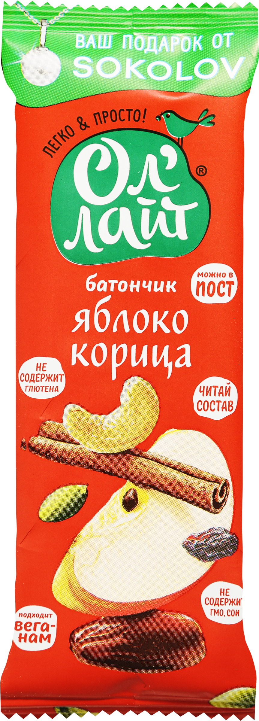 Изображение товара Батончик фруктово-ореховый ОЛ'ЛАЙТ Яблочный, с корицей, 30г