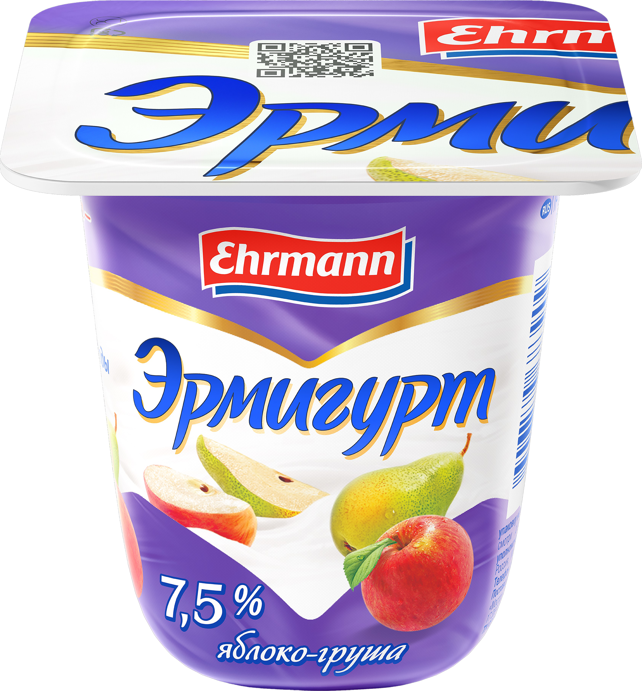 Изображение товара Продукт йогуртный EHRMANN Эрмигурт Экстра с яблоком и грушей 7,5%, без змж, 100г