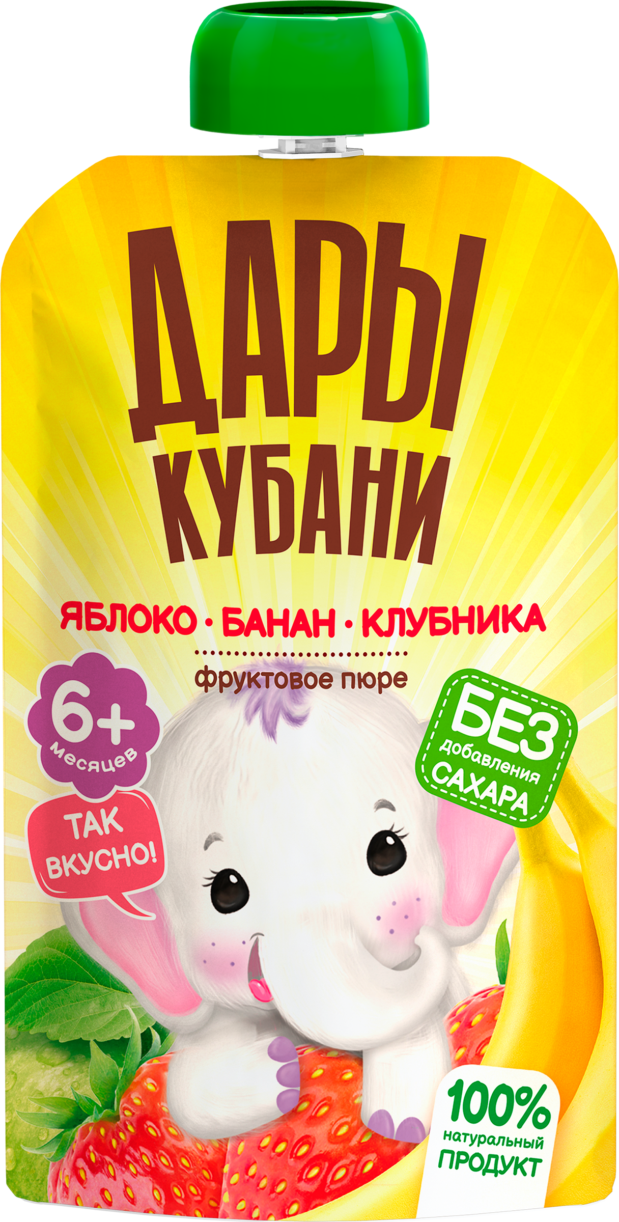 Изображение товара Пюре фруктово-ягодное ДАРЫ КУБАНИ Яблоко, банан и клубника, с 6 месяцев, 90г