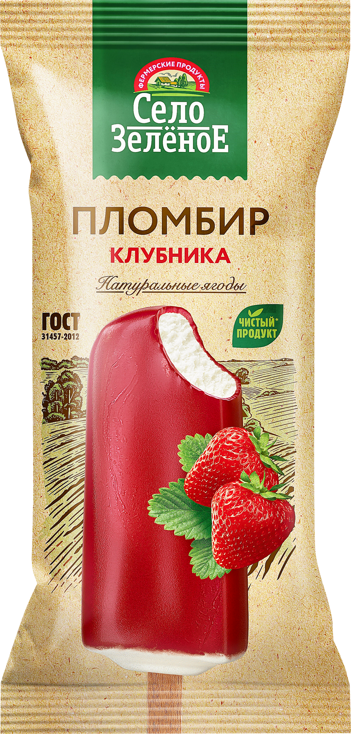 Изображение товара Мороженое СЕЛО ЗЕЛЁНОЕ Пломбир с ароматом клубники во фруктовой глазури  15%, без змж, эскимо, 70г