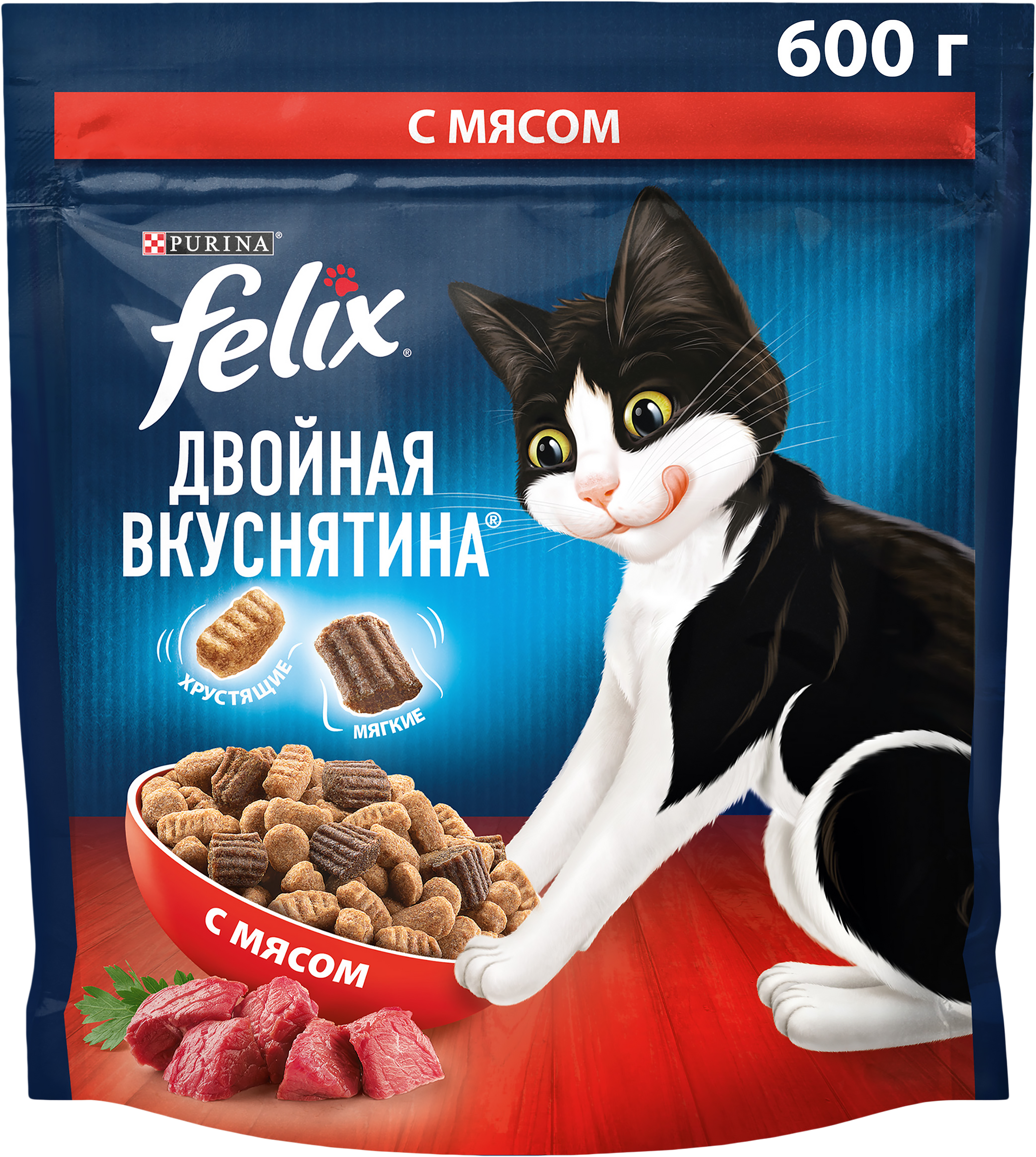 Изображение товара Корм сухой для взрослых кошек FELIX Двойная вкуснятина с мясом, 600г