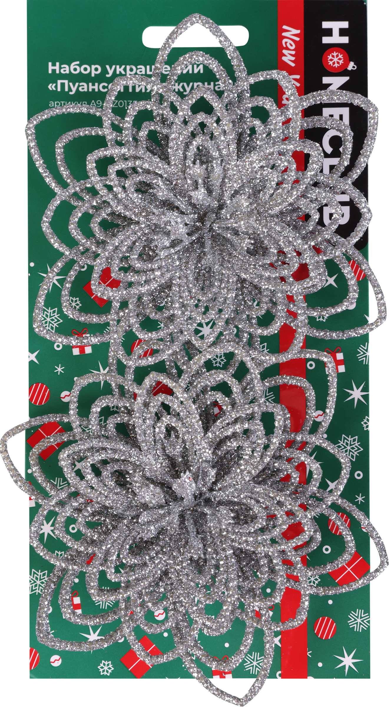 Изображение товара Набор елочных украшений HOMECLUB Пуансеттия ажур 11см серебро розовый 2шт