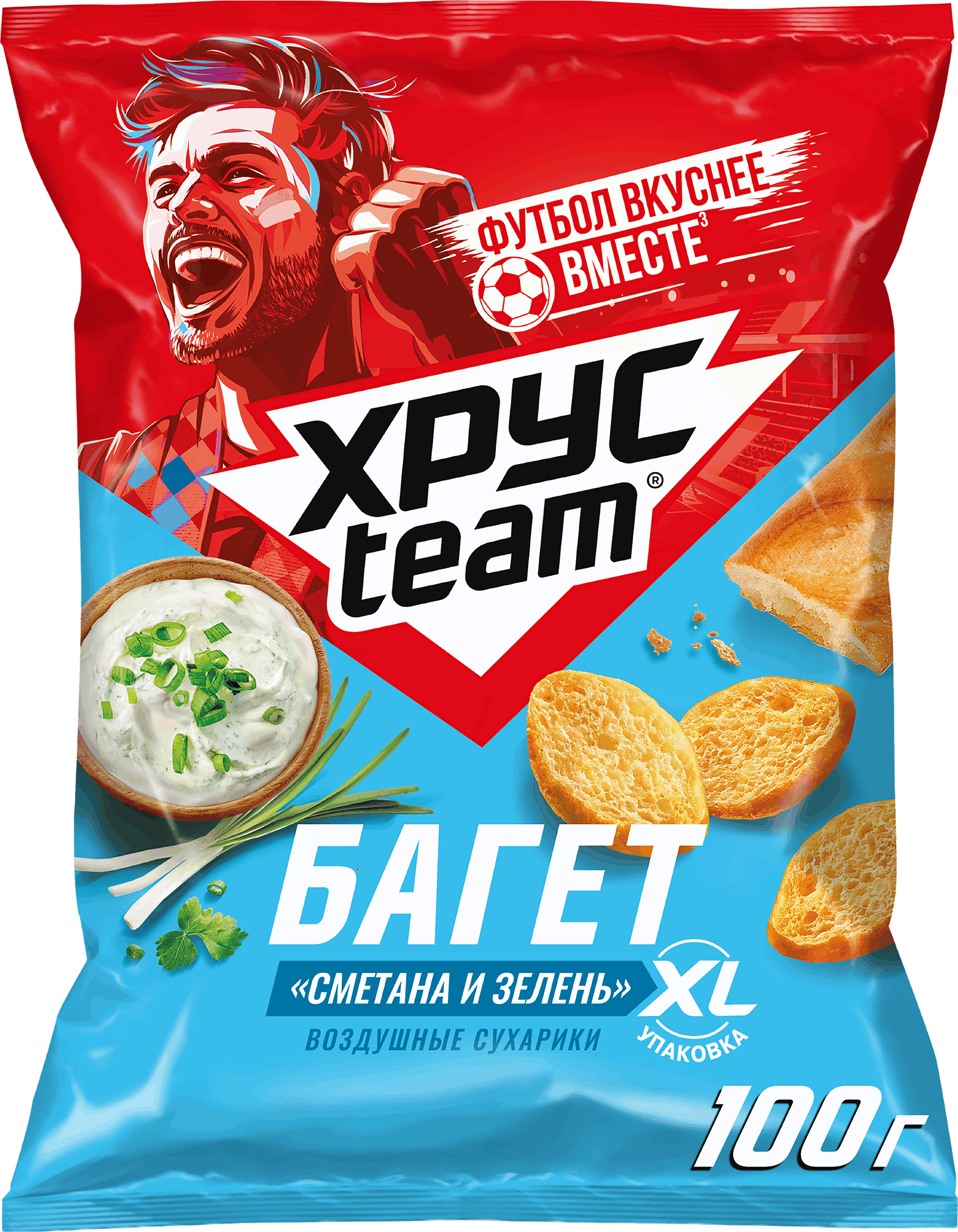 Изображение товара Сухарики воздушные ХРУСTEAM Багет Сметана-зелень 100г хрустящая закуска