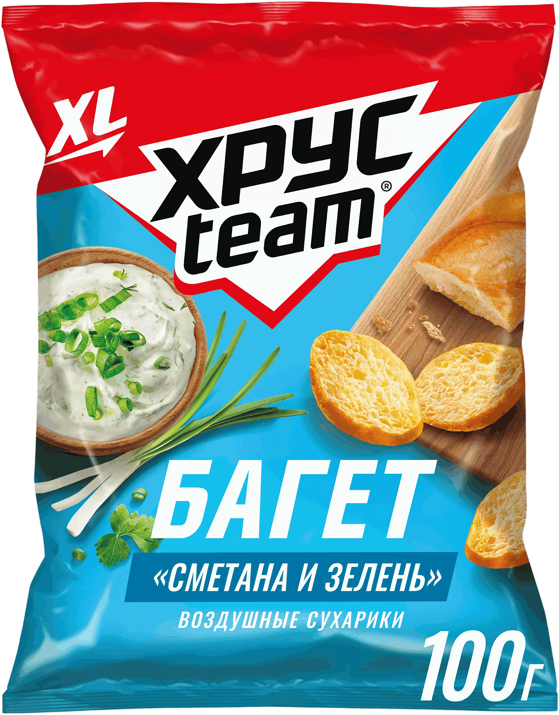 Изображение товара Сухарики воздушные ХРУСTEAM Багет Сметана-зелень 100г хрустящая закуска