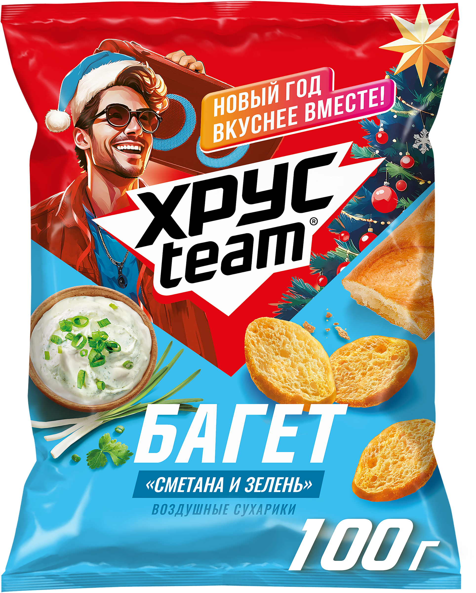 Изображение товара Сухарики воздушные ХРУСTEAM Багет Сметана-зелень 100г хрустящая закуска