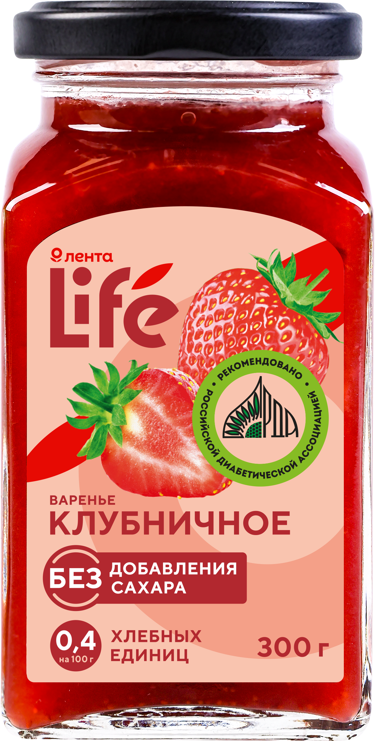 Изображение товара Варенье ЛЕНТА LIFE Клубничное без сахара, 300г в стеклянной банке