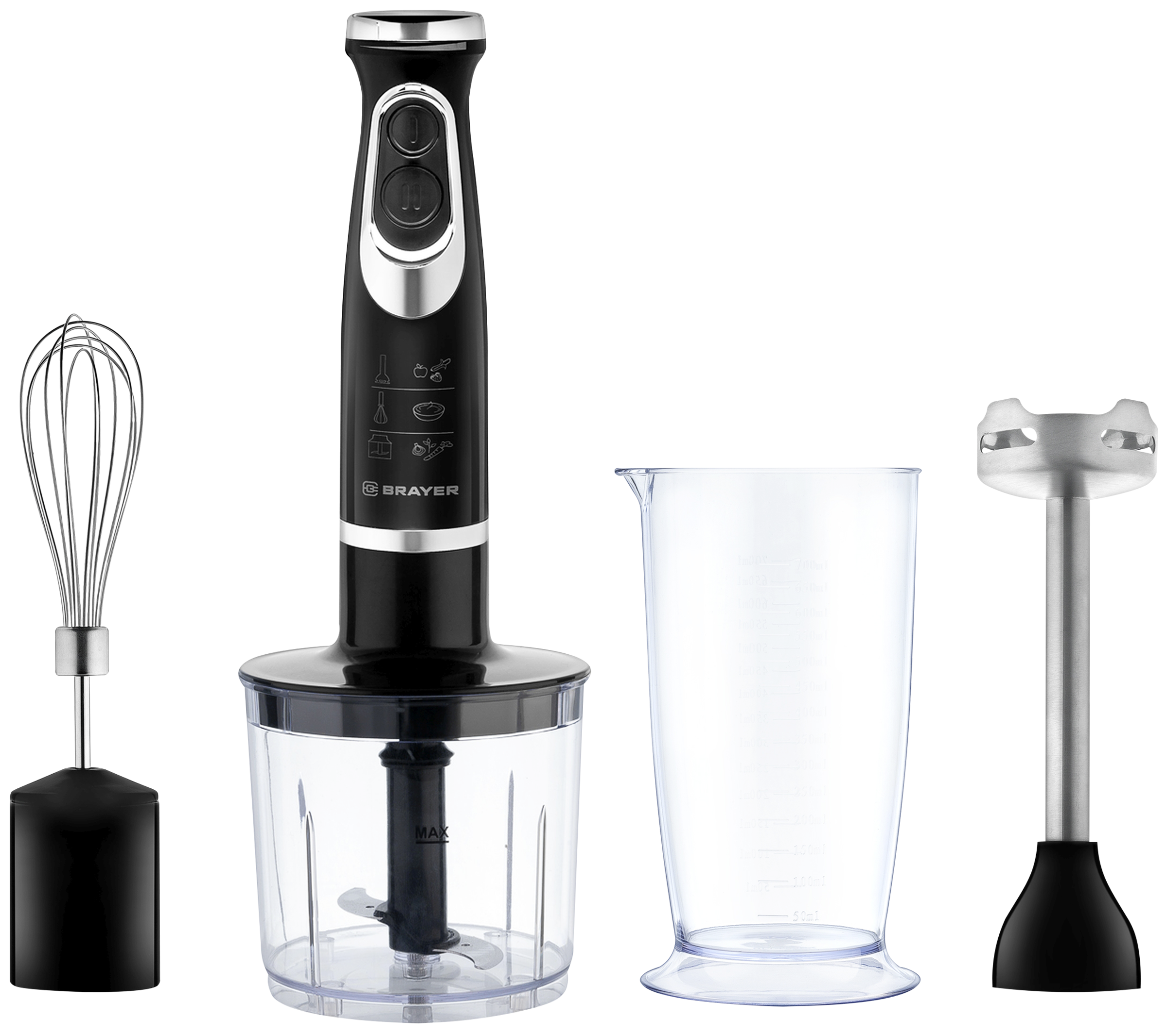 Изображение товара Блендер BRAYER 800Вт 2 скорости черный с насадками и стаканом