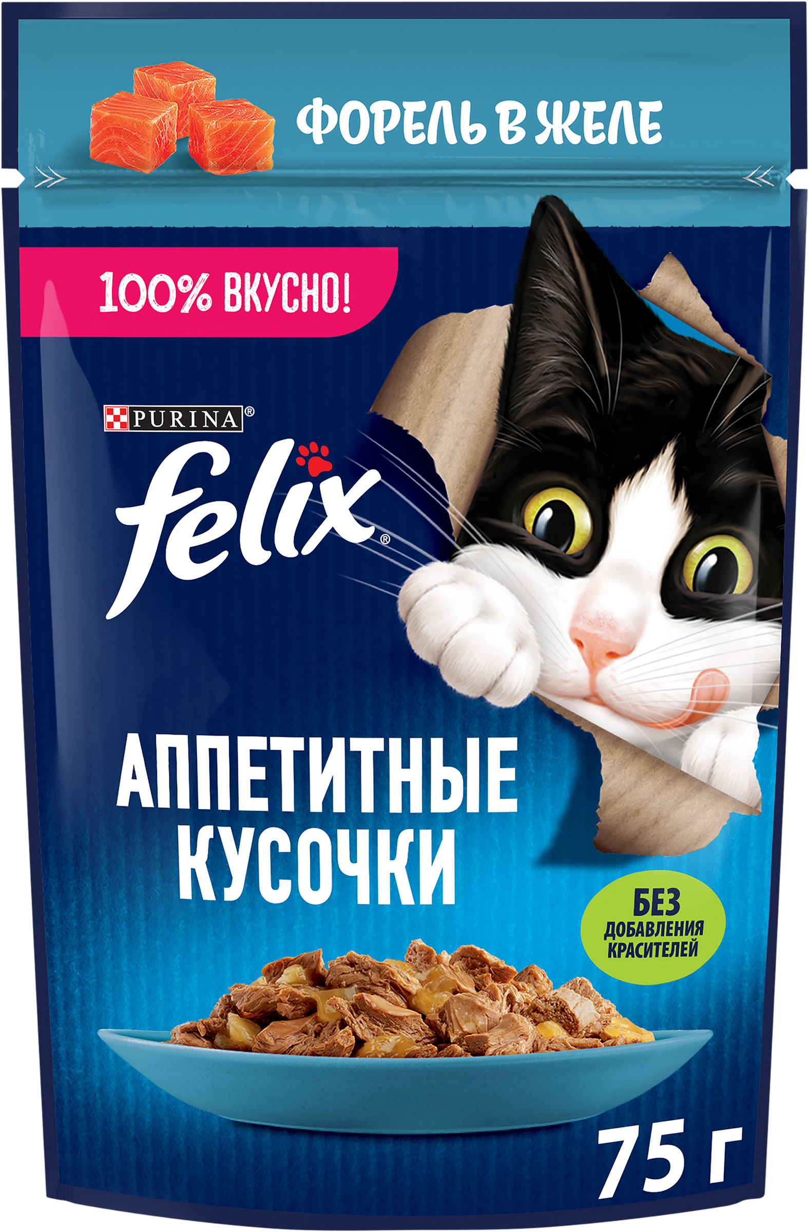 Изображение товара Корм влажный для взрослых кошек FELIX Аппетитные кусочки Форель в желе, 75г