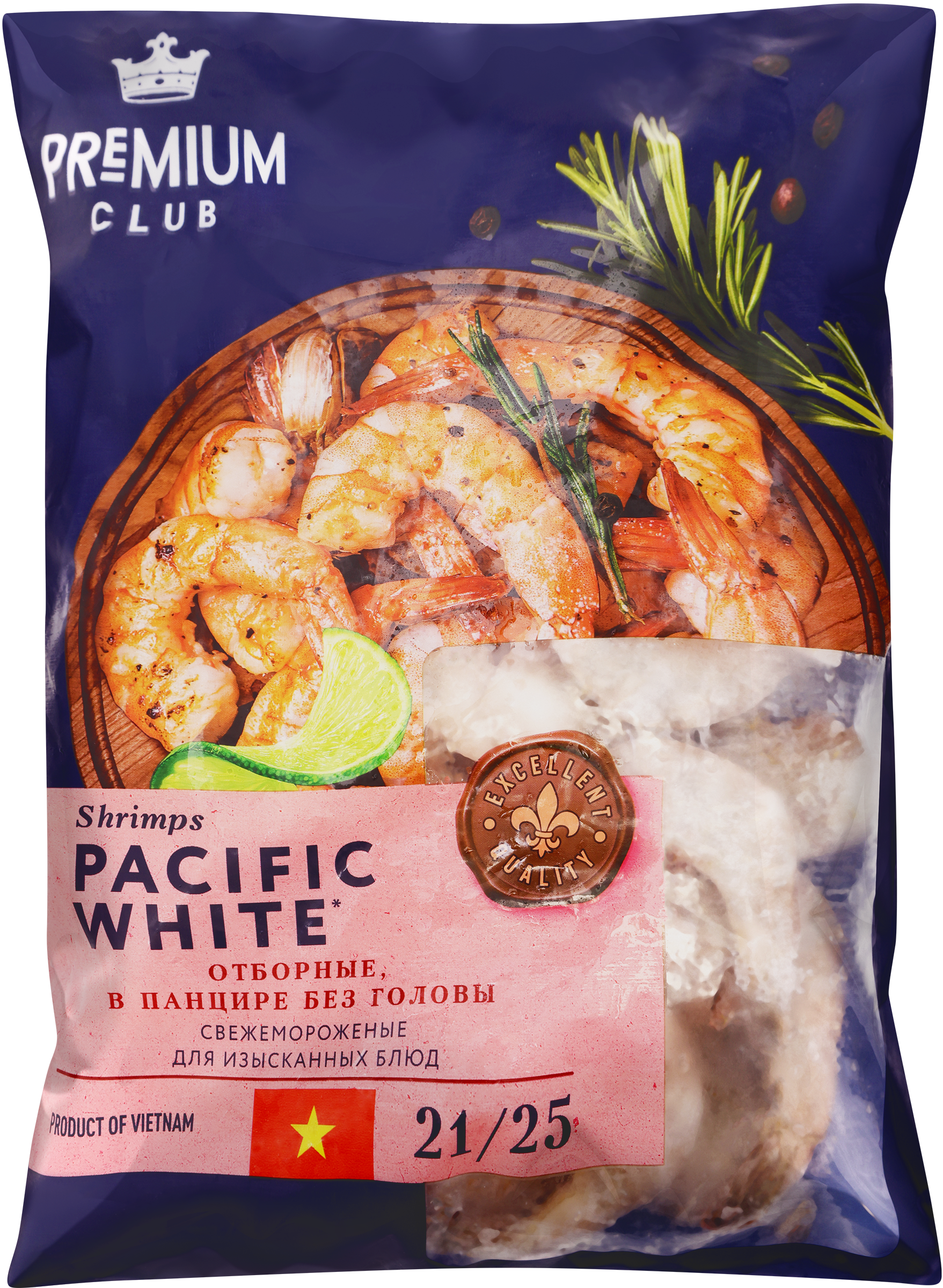 Изображение товара Креветки свежемороженые PREMIUM CLUB в панцире 21/25 700 г без головы